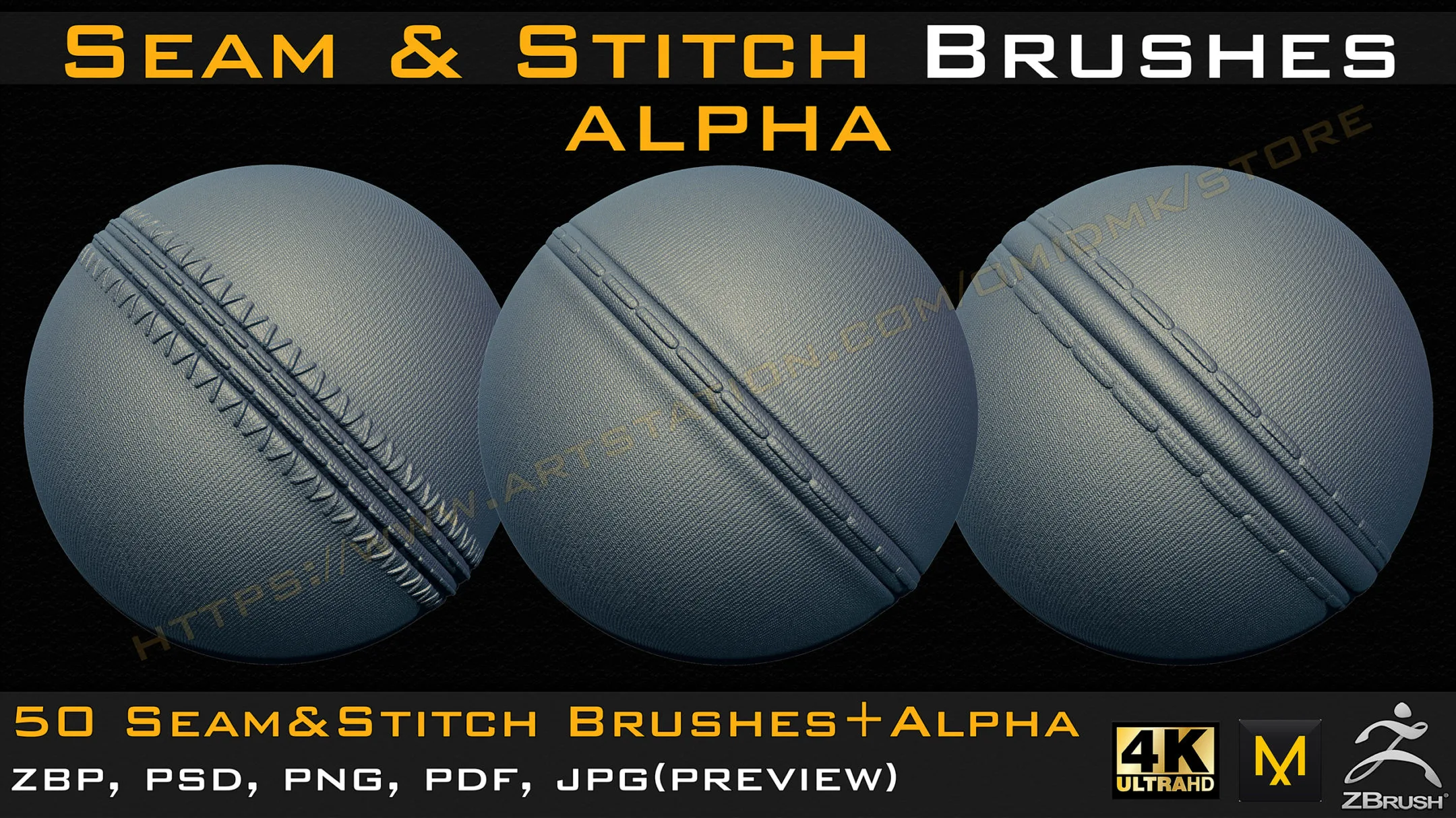 50 Seam & Stitch Brushes & Alpha (Tileable 4k-16bit) Vol.01