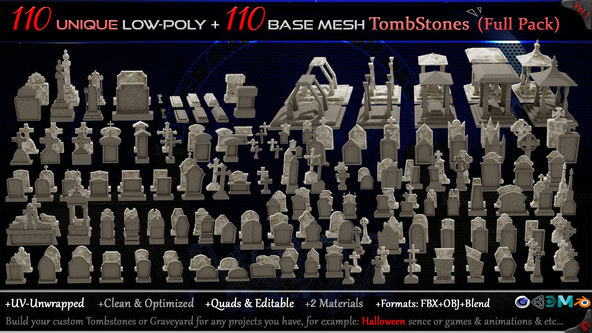 110 Practical and Unique Low-Poly Tombstones + 110 Base mesh Tombstones (Full Pack) - Vol 1