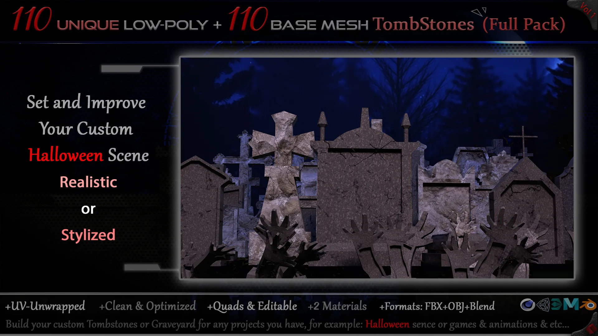 110 Practical and Unique Low-Poly Tombstones + 110 Base mesh Tombstones (Full Pack) - Vol 1