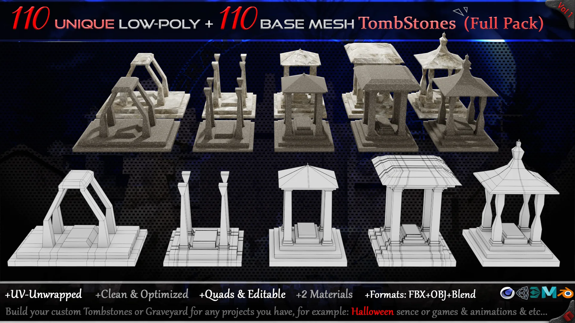 110 Practical and Unique Low-Poly Tombstones + 110 Base mesh Tombstones (Full Pack) - Vol 1