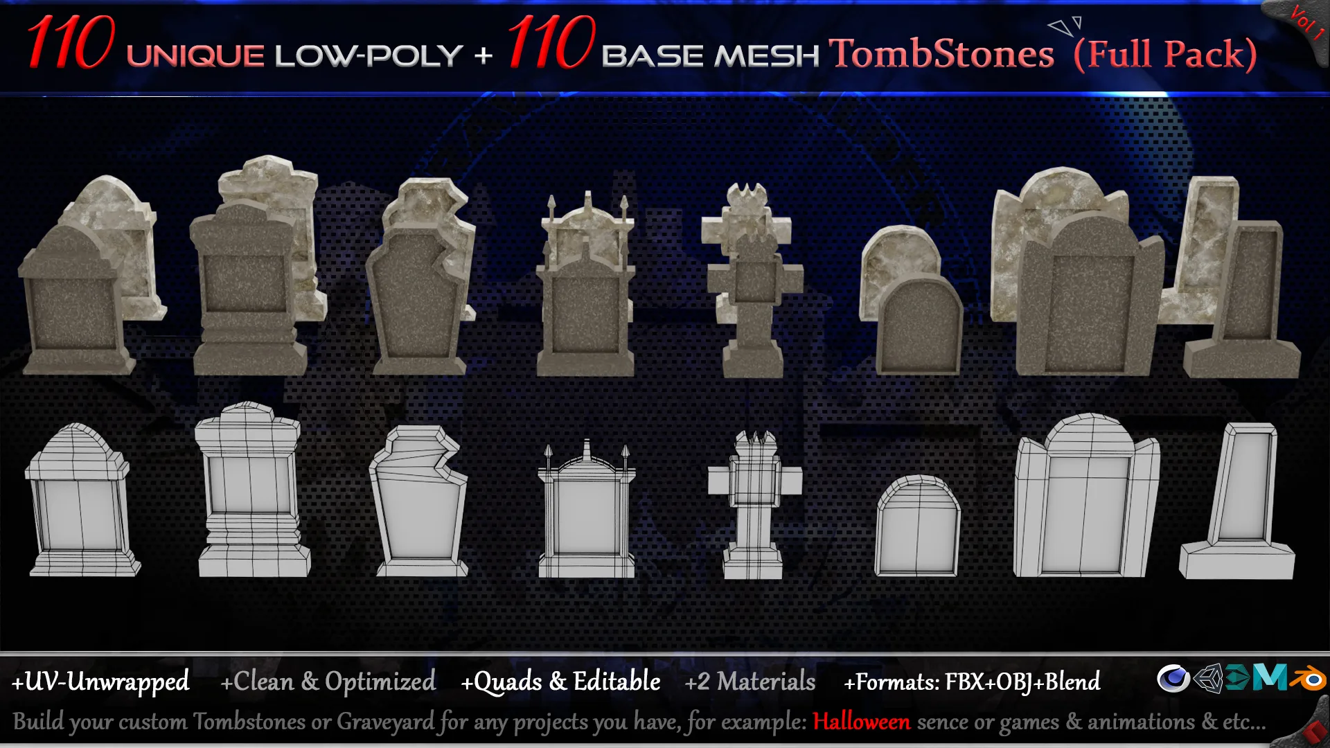 110 Practical and Unique Low-Poly Tombstones + 110 Base mesh Tombstones (Full Pack) - Vol 1