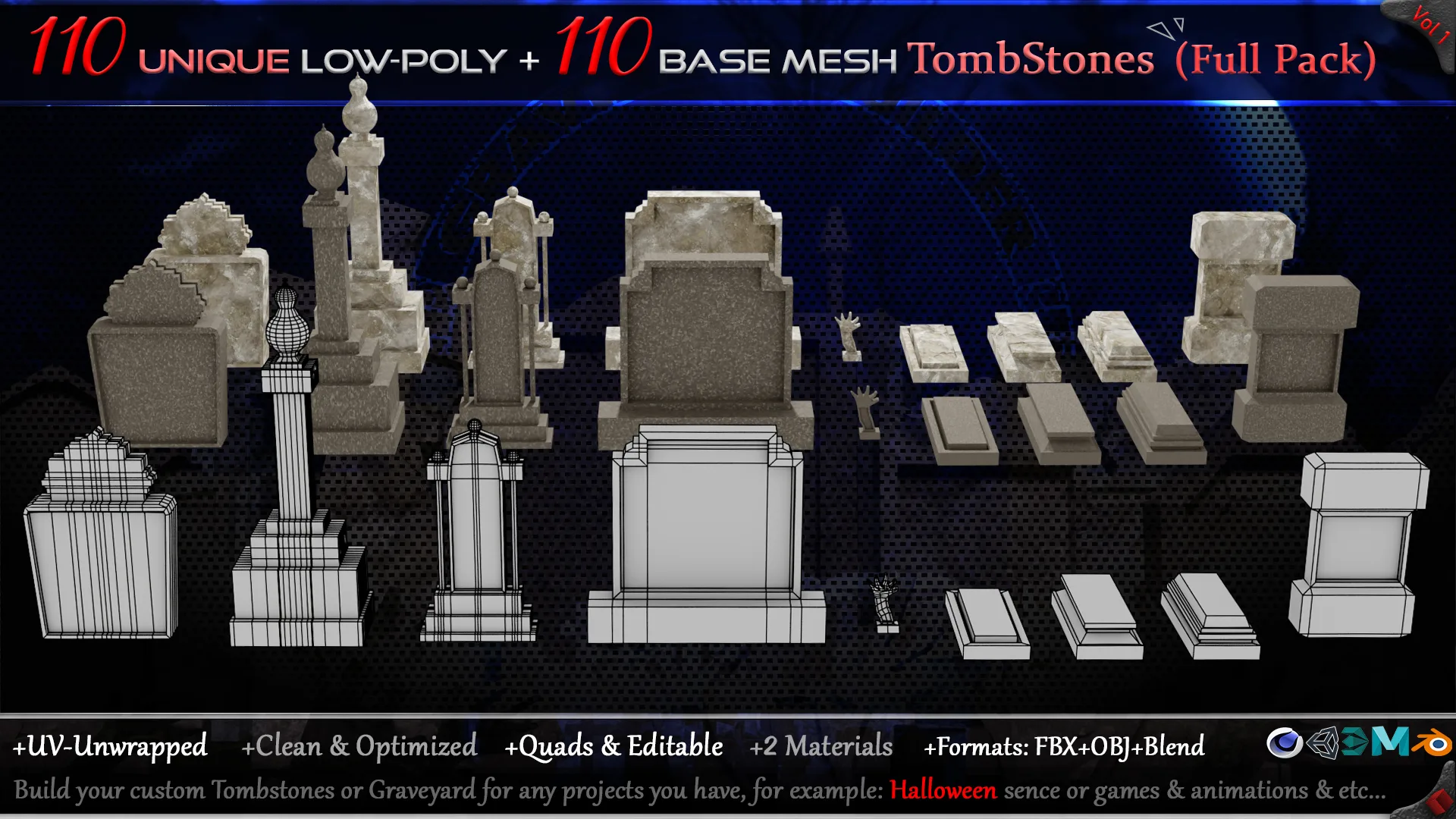 110 Practical and Unique Low-Poly Tombstones + 110 Base mesh Tombstones (Full Pack) - Vol 1