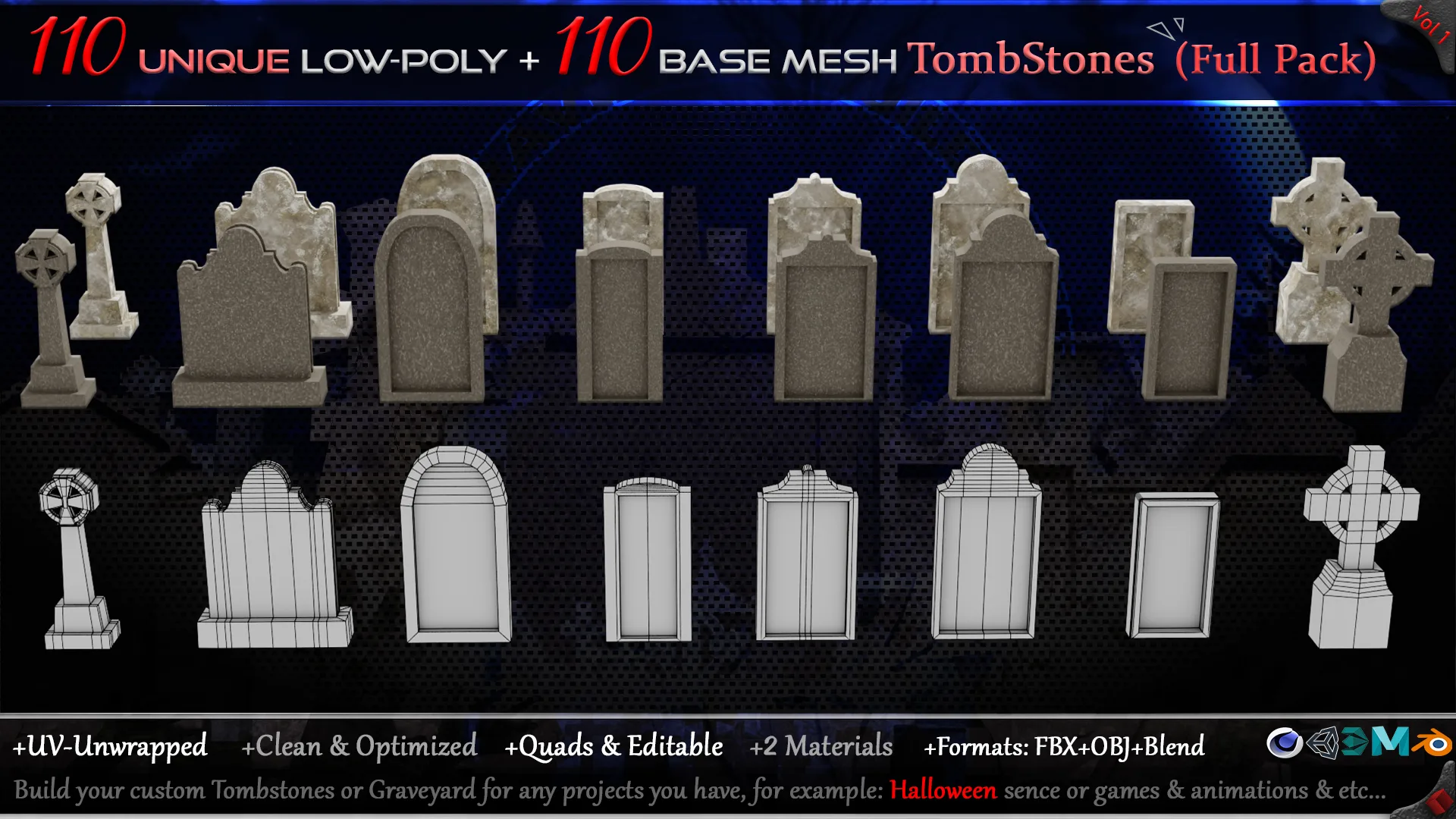 110 Practical and Unique Low-Poly Tombstones + 110 Base mesh Tombstones (Full Pack) - Vol 1