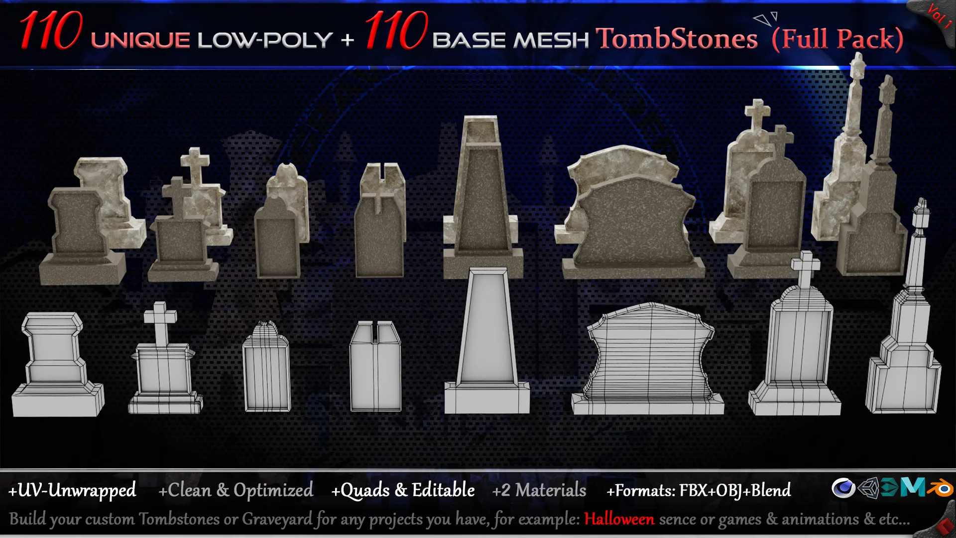 110 Practical and Unique Low-Poly Tombstones + 110 Base mesh Tombstones (Full Pack) - Vol 1