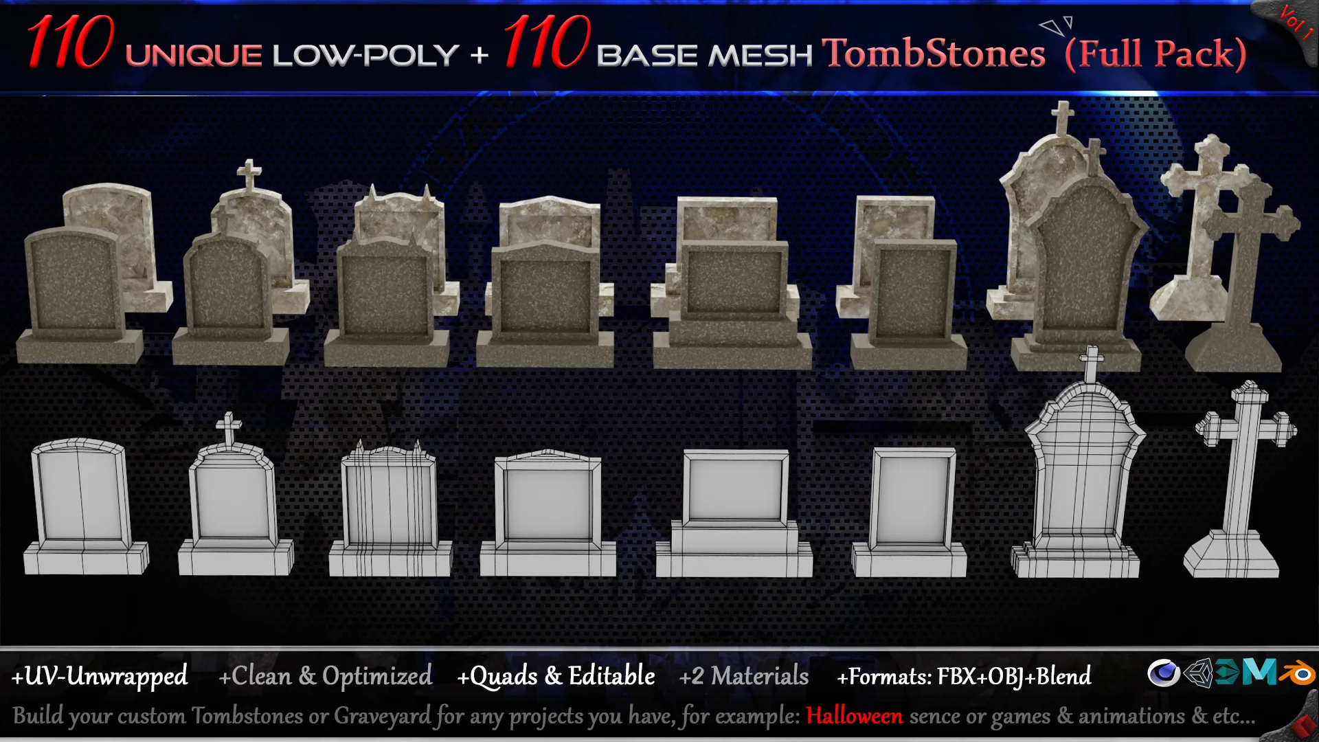 110 Practical and Unique Low-Poly Tombstones + 110 Base mesh Tombstones (Full Pack) - Vol 1