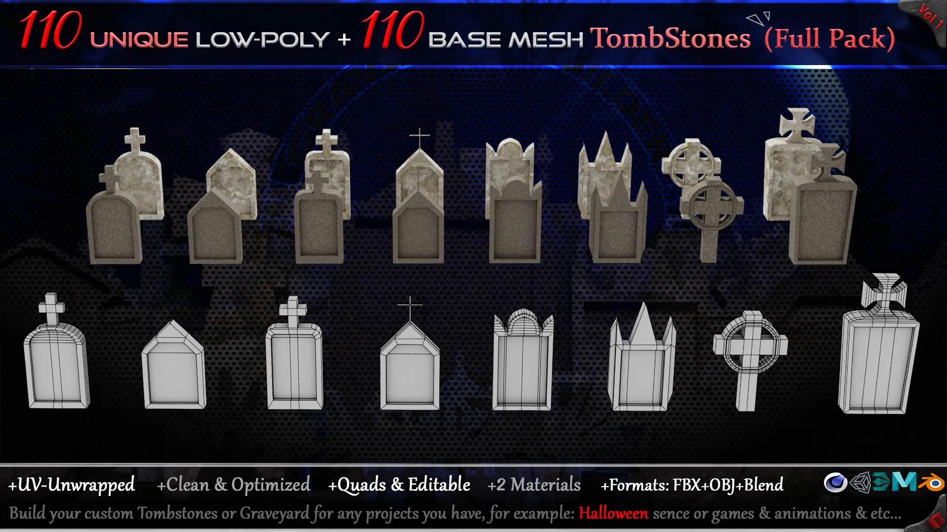 110 Practical and Unique Low-Poly Tombstones + 110 Base mesh Tombstones (Full Pack) - Vol 1