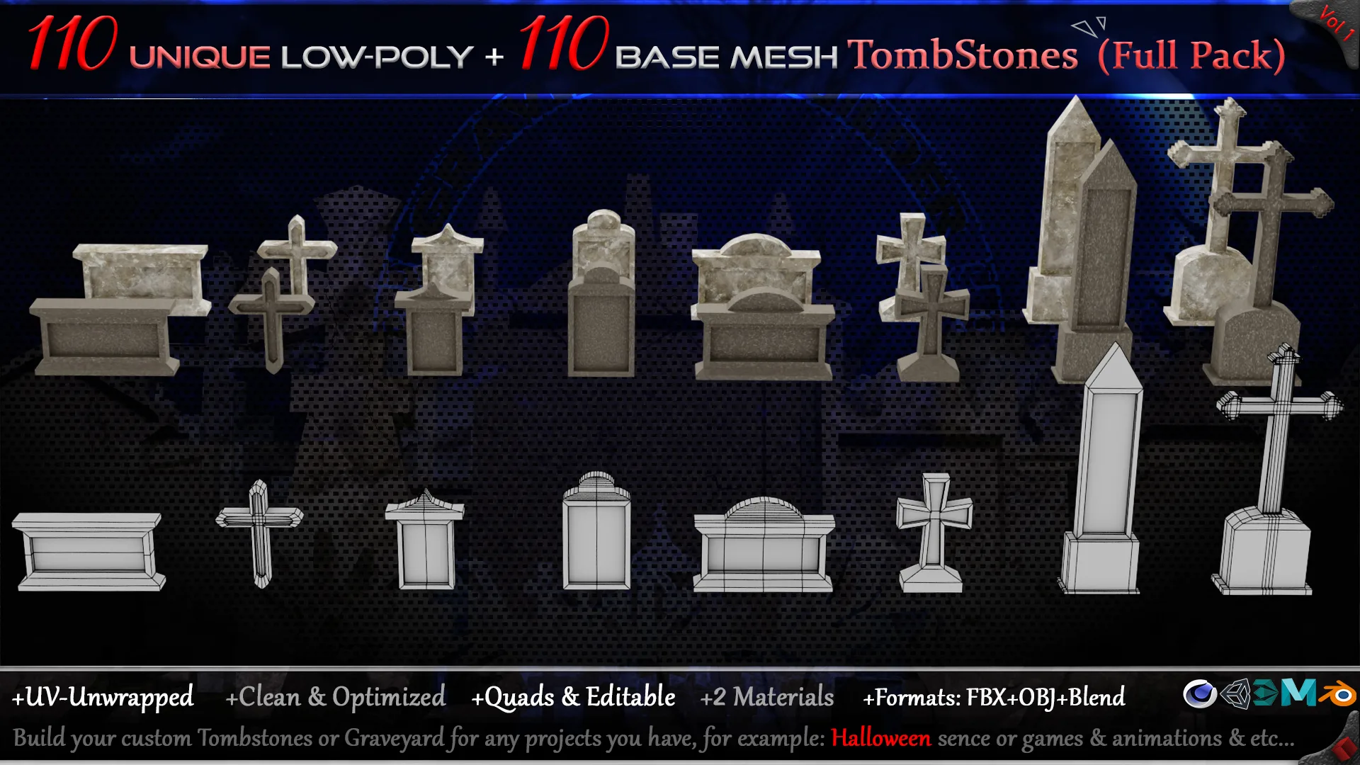 110 Practical and Unique Low-Poly Tombstones + 110 Base mesh Tombstones (Full Pack) - Vol 1