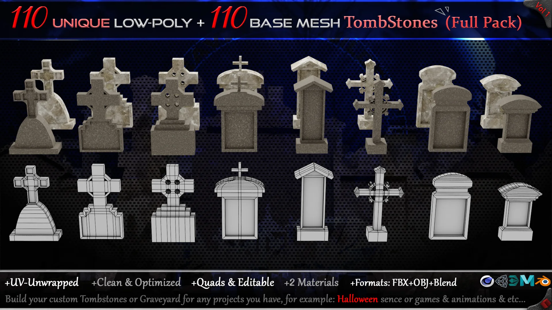 110 Practical and Unique Low-Poly Tombstones + 110 Base mesh Tombstones (Full Pack) - Vol 1