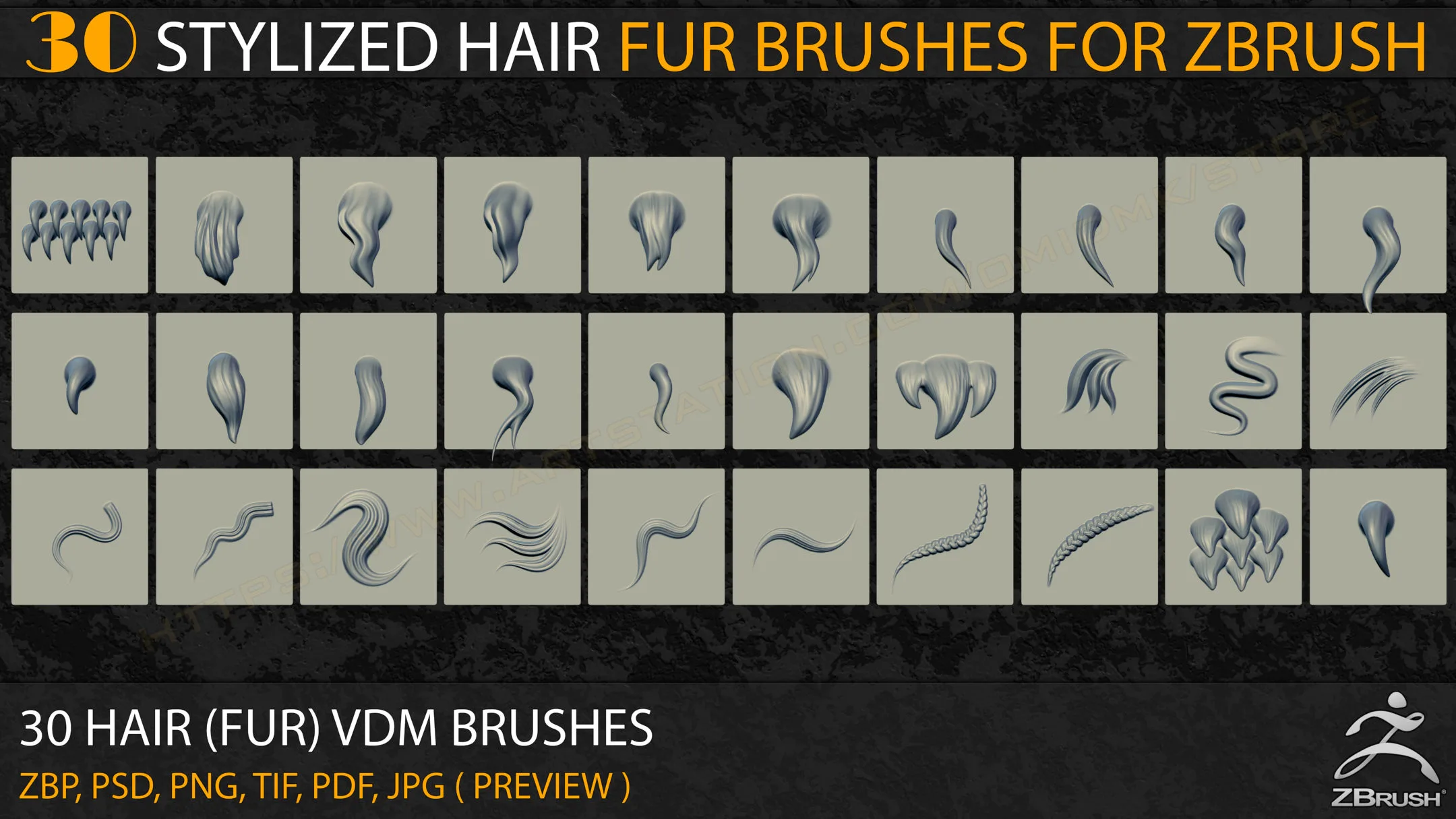 30 Stylized Hair (Fur) VDM Brushes for Zbrush+Alpha