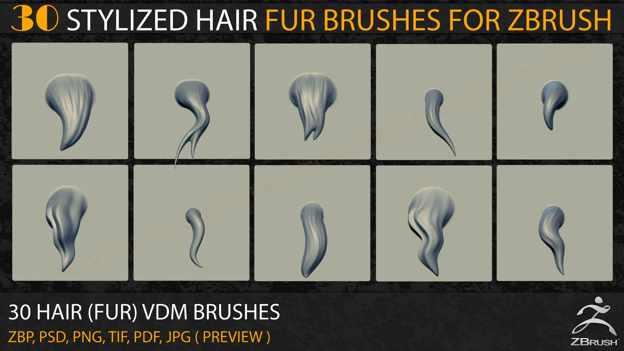 30 Stylized Hair (Fur) VDM Brushes for Zbrush+Alpha