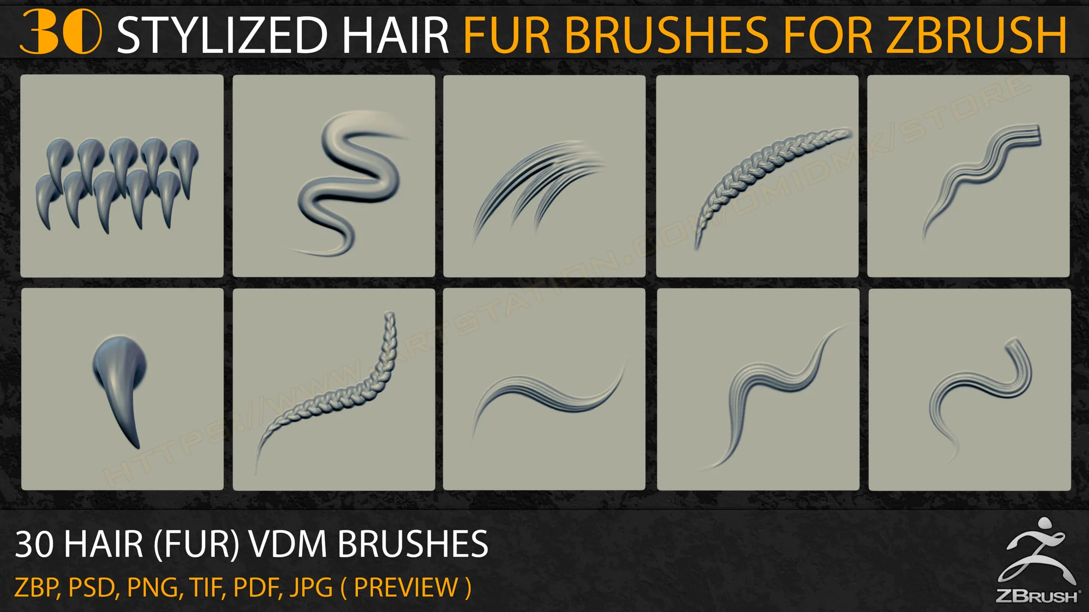 30 Stylized Hair (Fur) VDM Brushes for Zbrush+Alpha