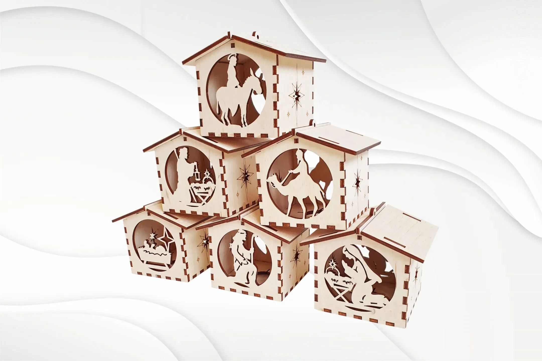 Nativity houses with box svg dxf files for laser cut. Nativity decoration vector pattern, christmas light box laser template.