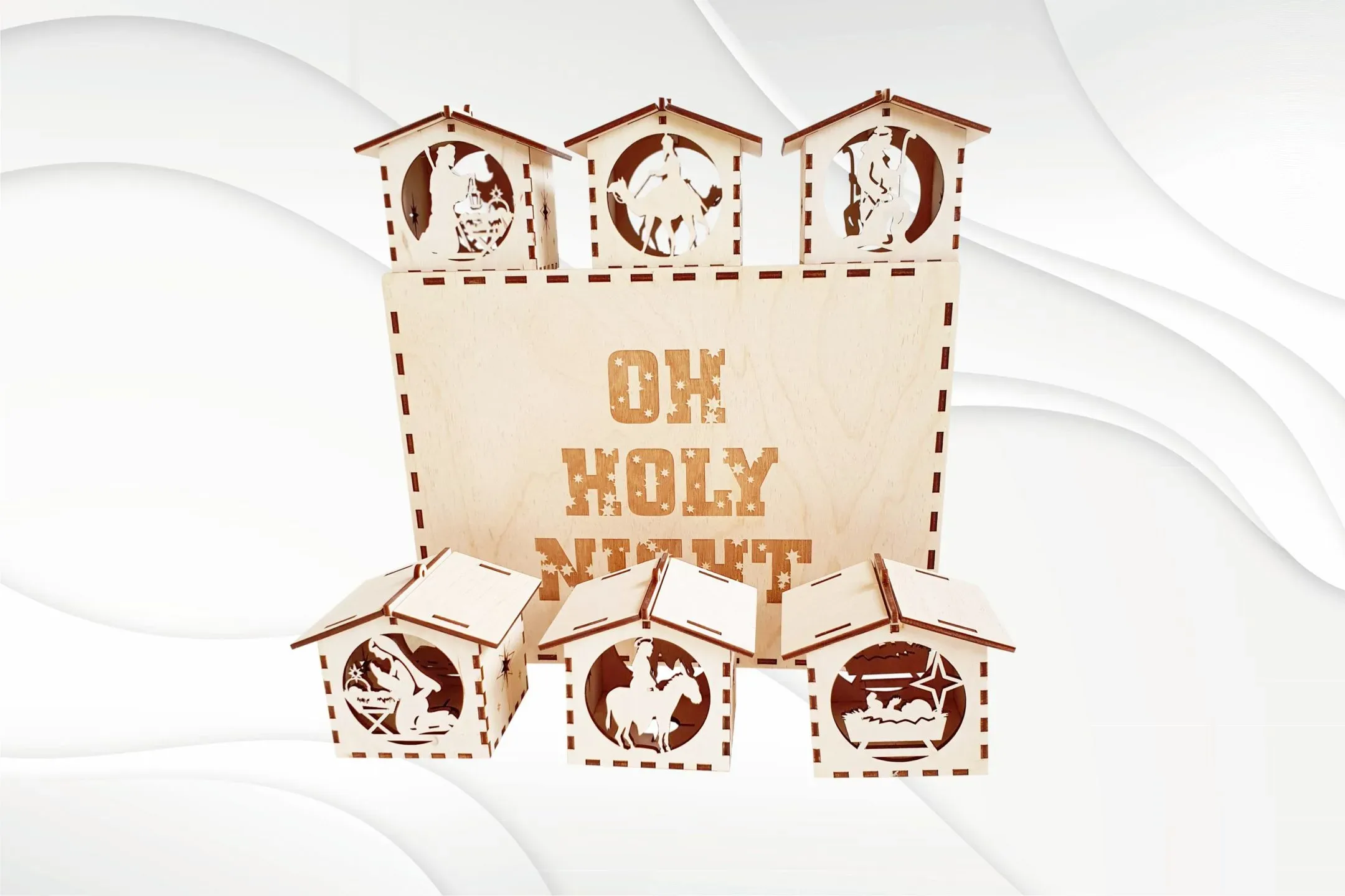 Nativity houses with box svg dxf files for laser cut. Nativity decoration vector pattern, christmas light box laser template.