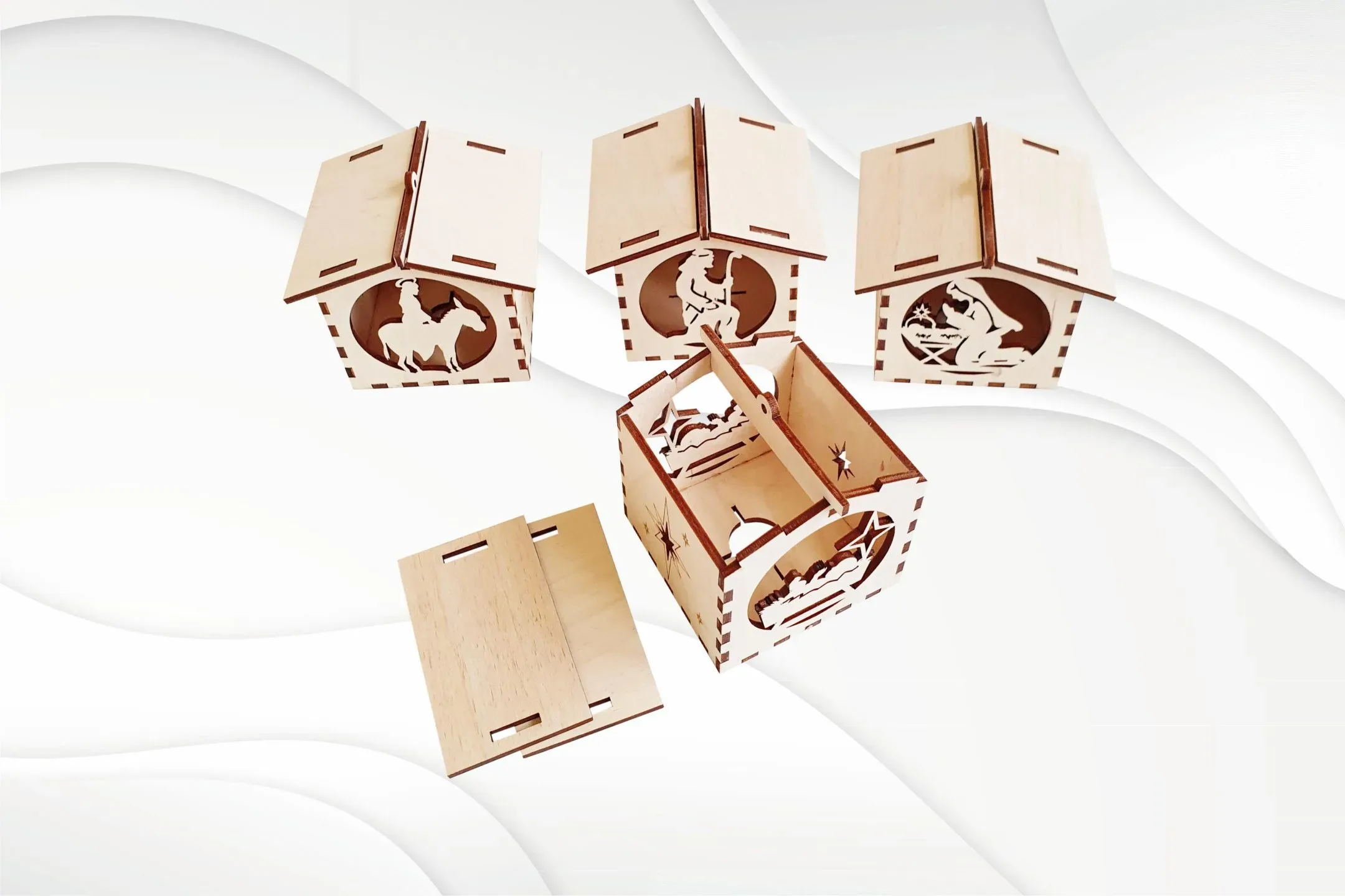 Nativity houses with box svg dxf files for laser cut. Nativity decoration vector pattern, christmas light box laser template.