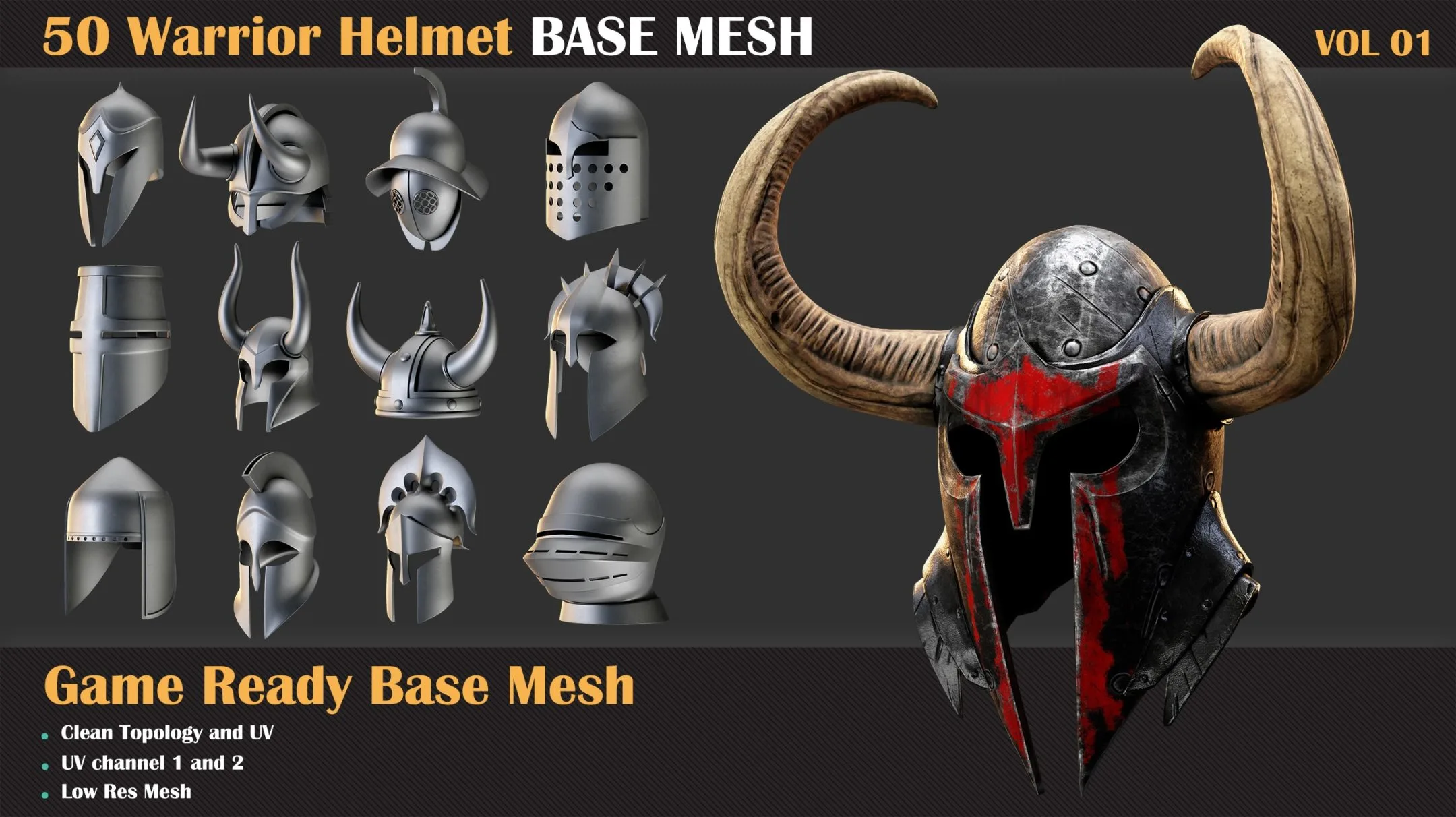 50 Warrior Helmet Base Mesh - VOL 01 ( Game Ready )