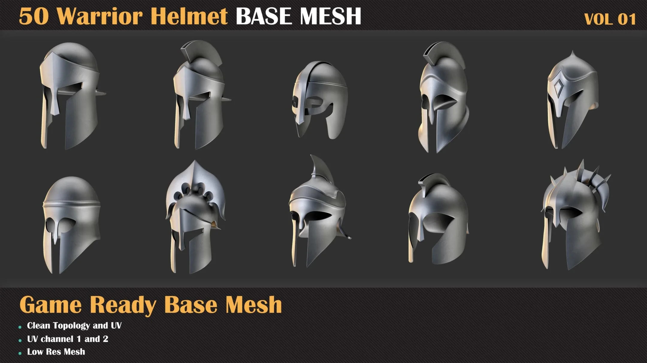 50 Warrior Helmet Base Mesh - VOL 01 ( Game Ready )