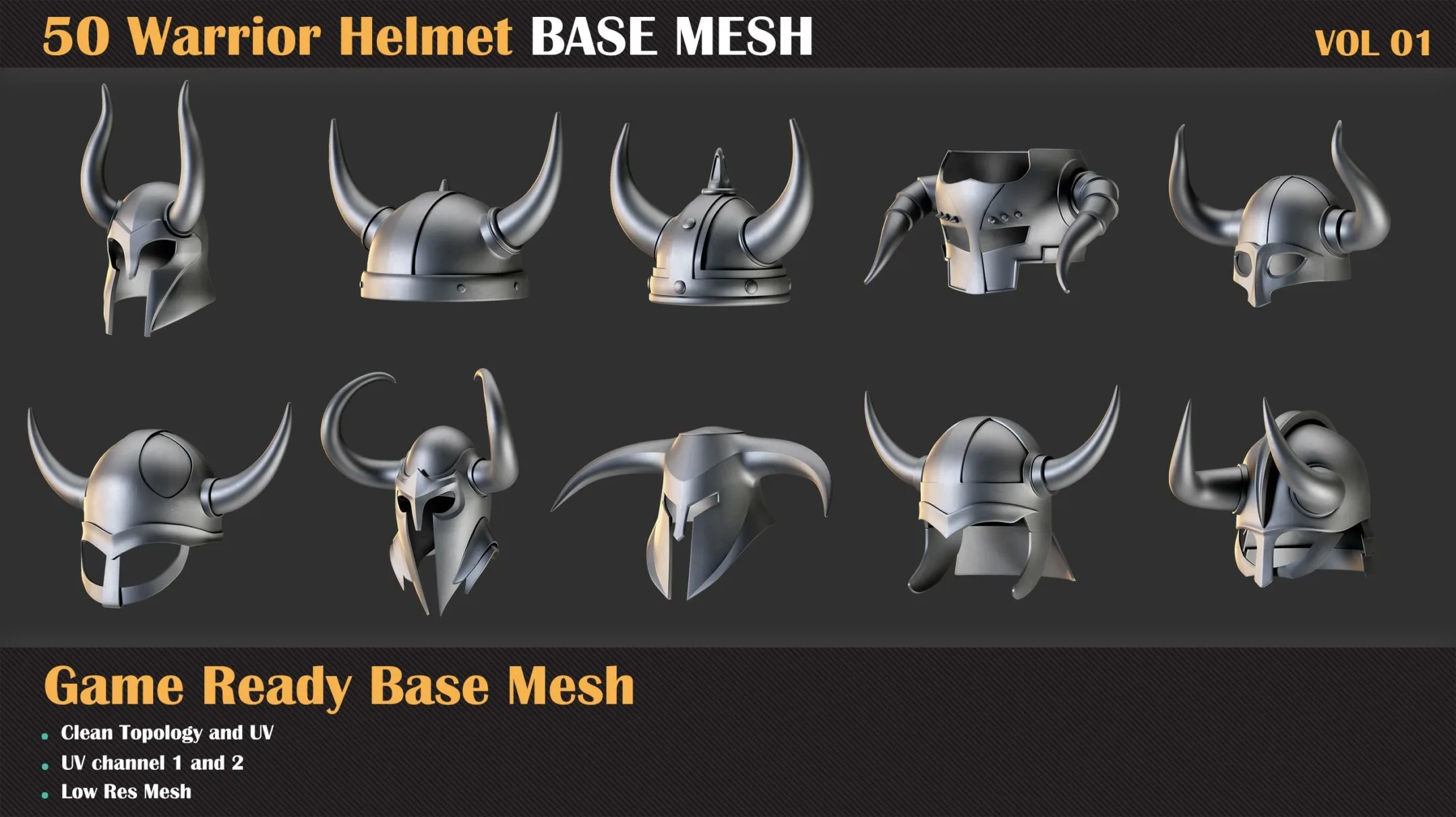 50 Warrior Helmet Base Mesh - VOL 01 ( Game Ready )