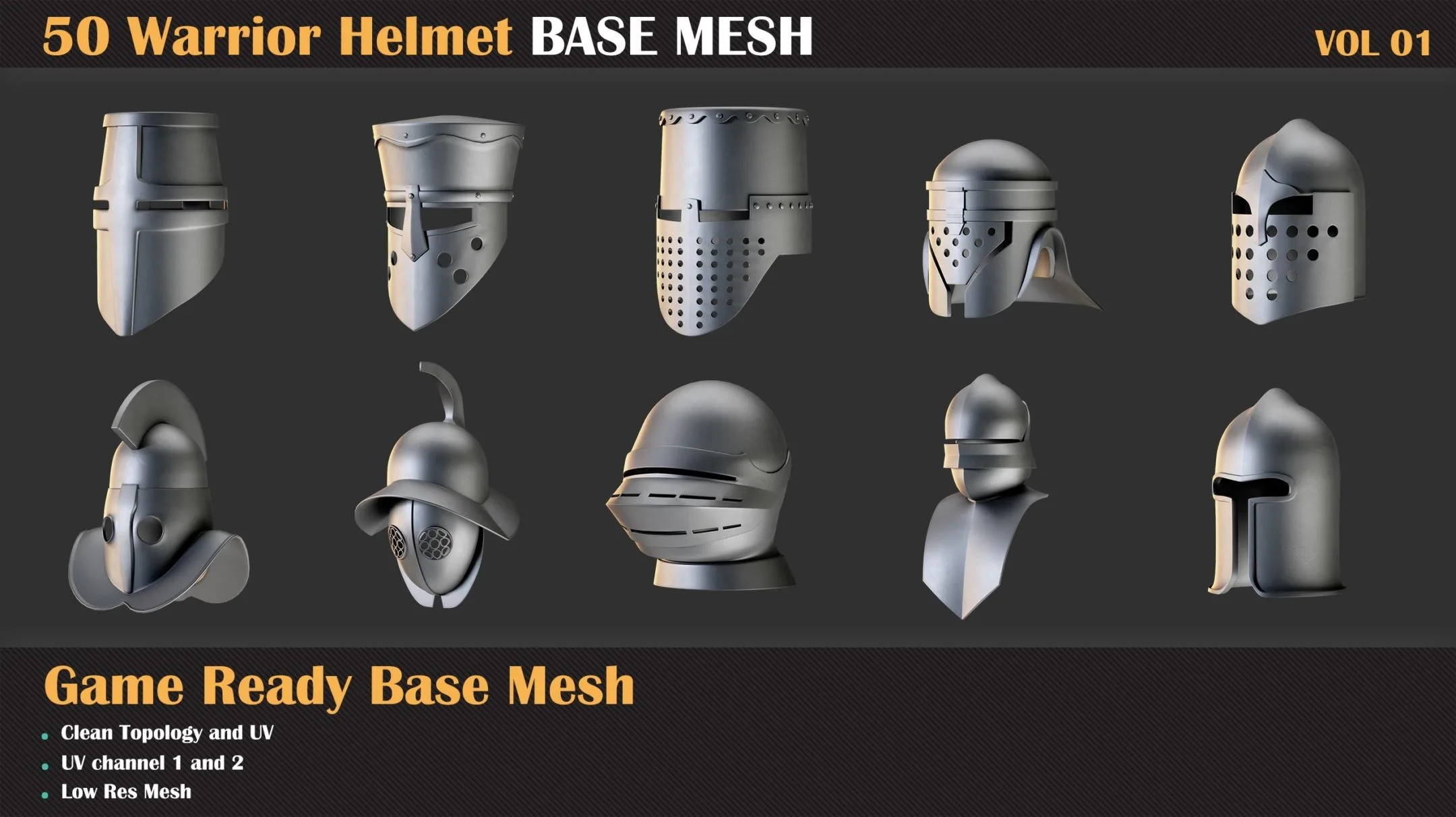 50 Warrior Helmet Base Mesh - VOL 01 ( Game Ready )