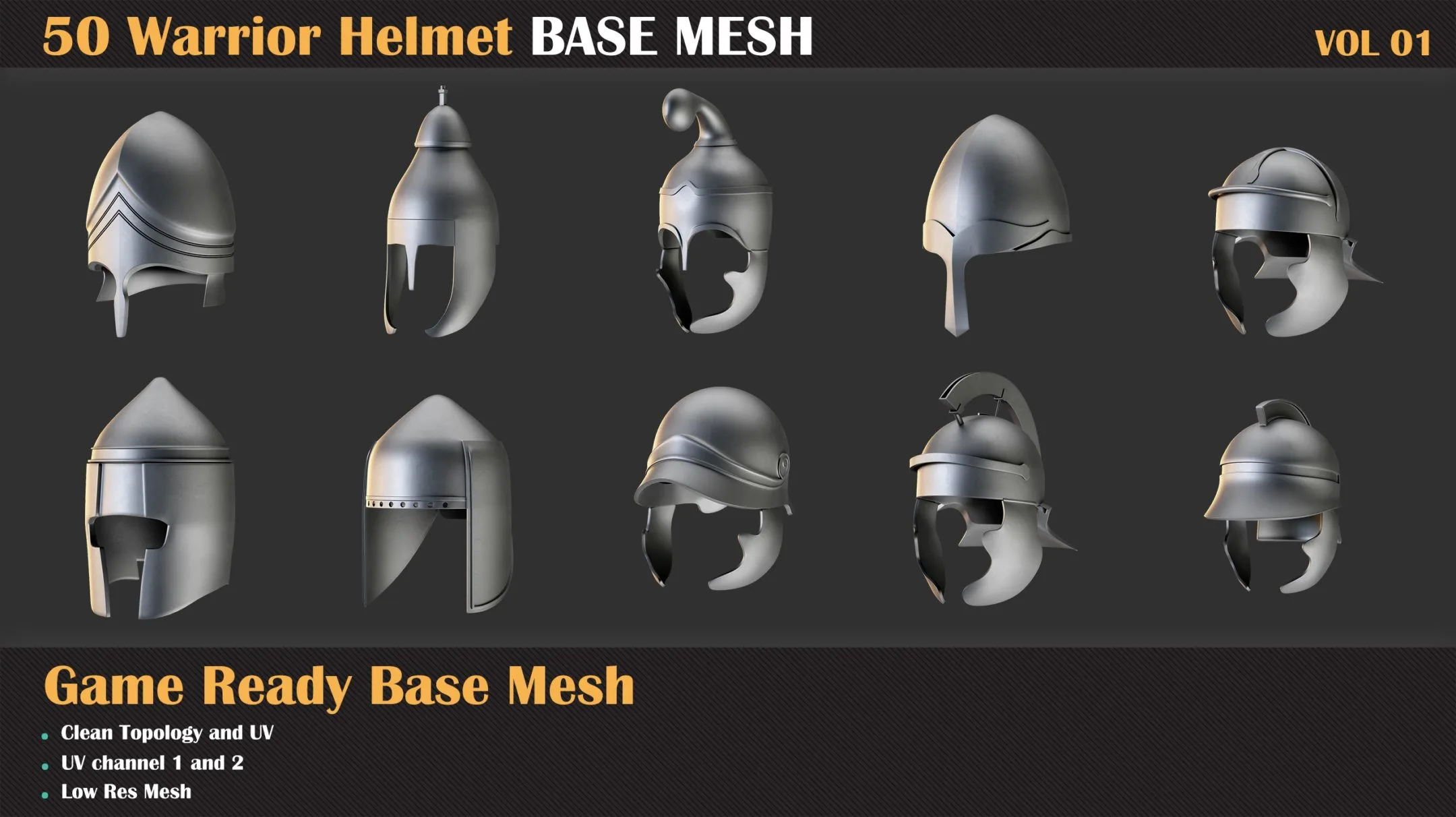 50 Warrior Helmet Base Mesh - VOL 01 ( Game Ready )