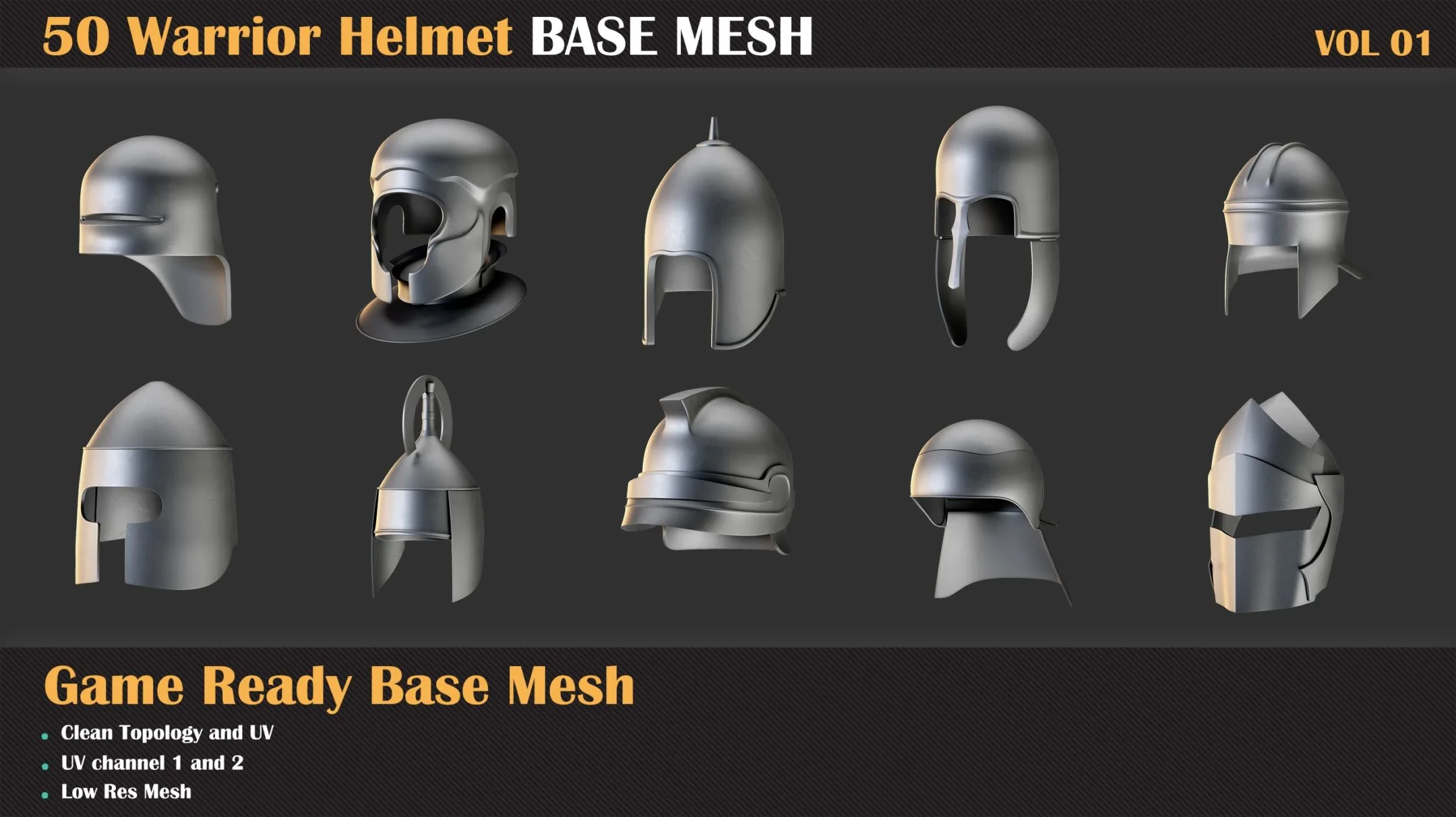 50 Warrior Helmet Base Mesh - VOL 01 ( Game Ready )