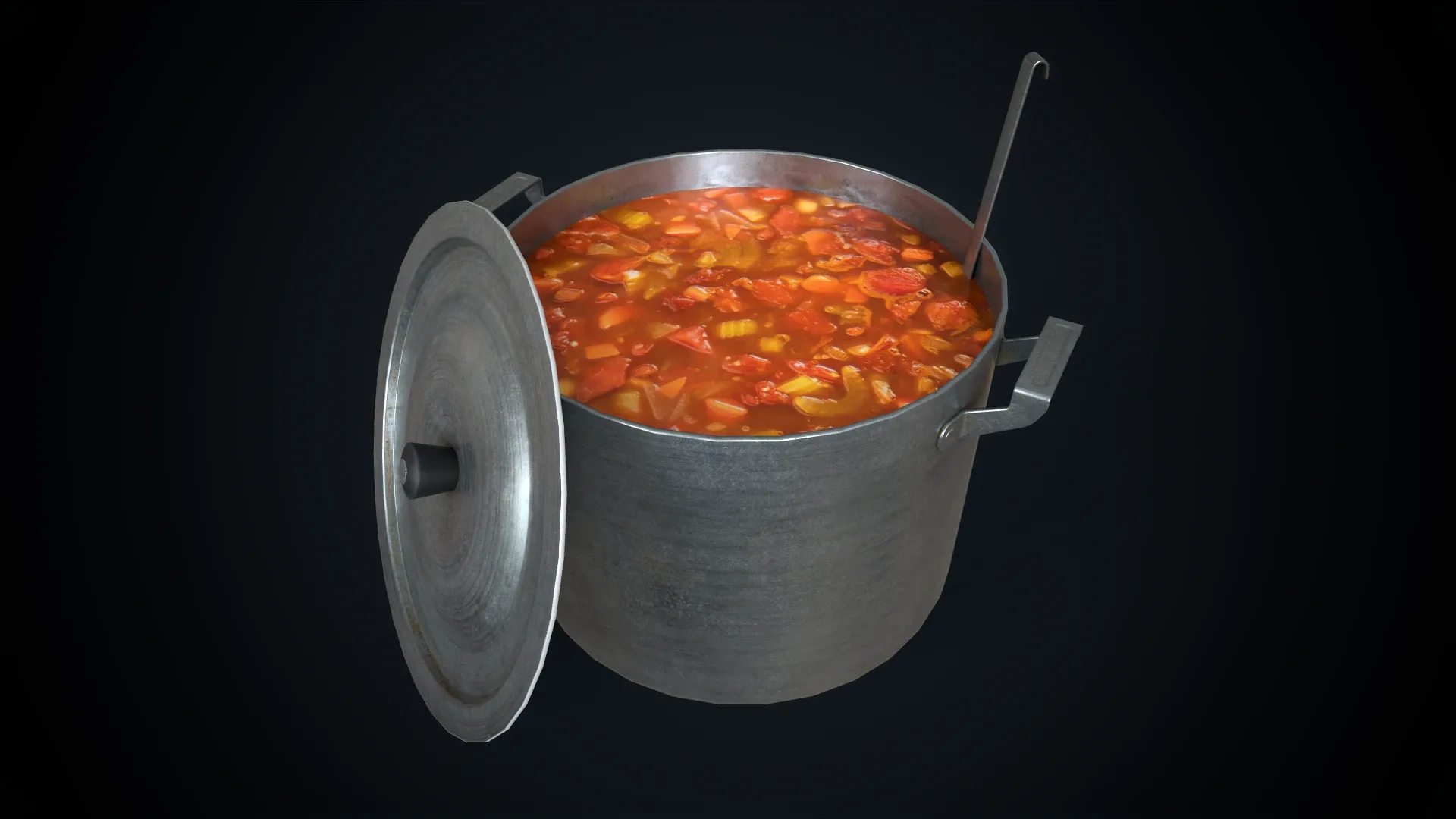 Aluminum saucepan with soup and ladle