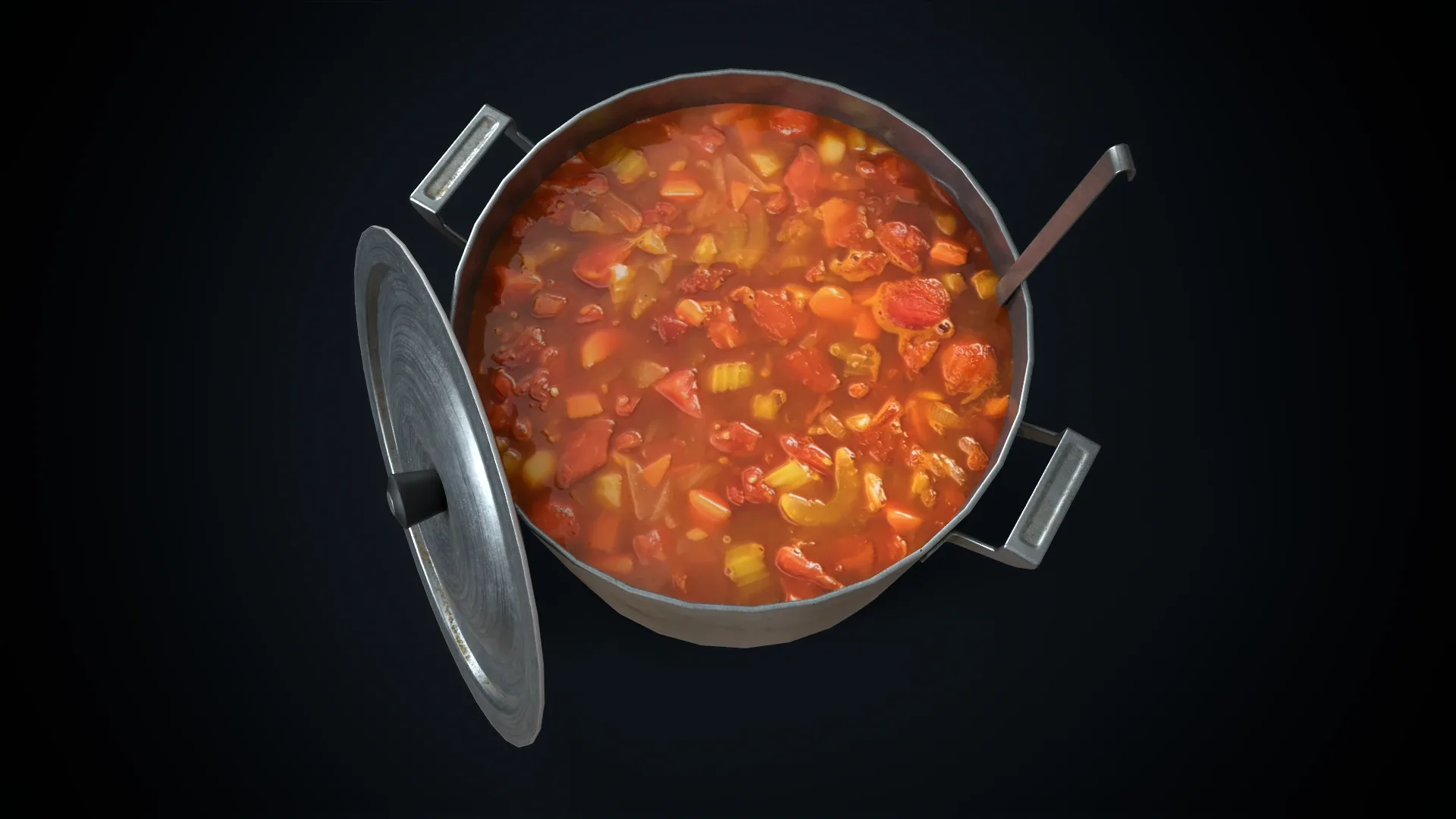 Aluminum saucepan with soup and ladle