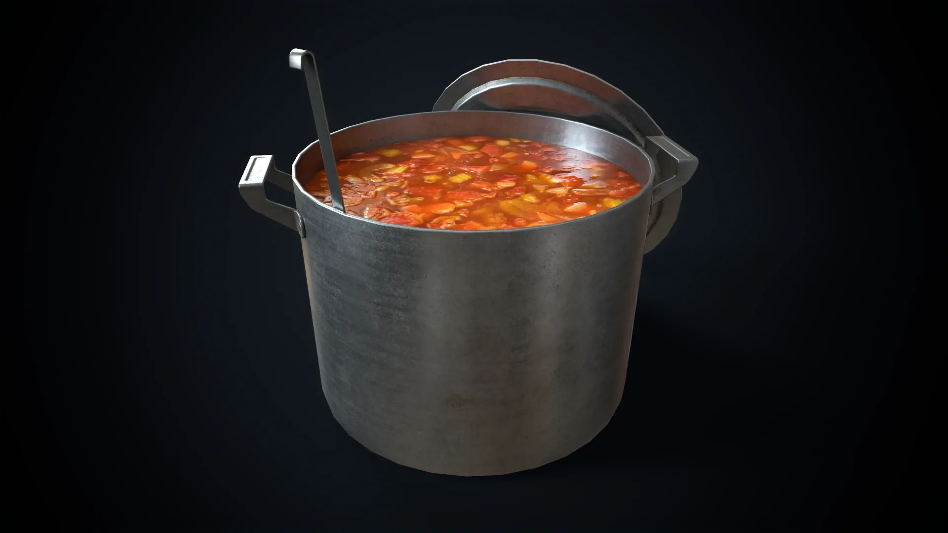 Aluminum saucepan with soup and ladle