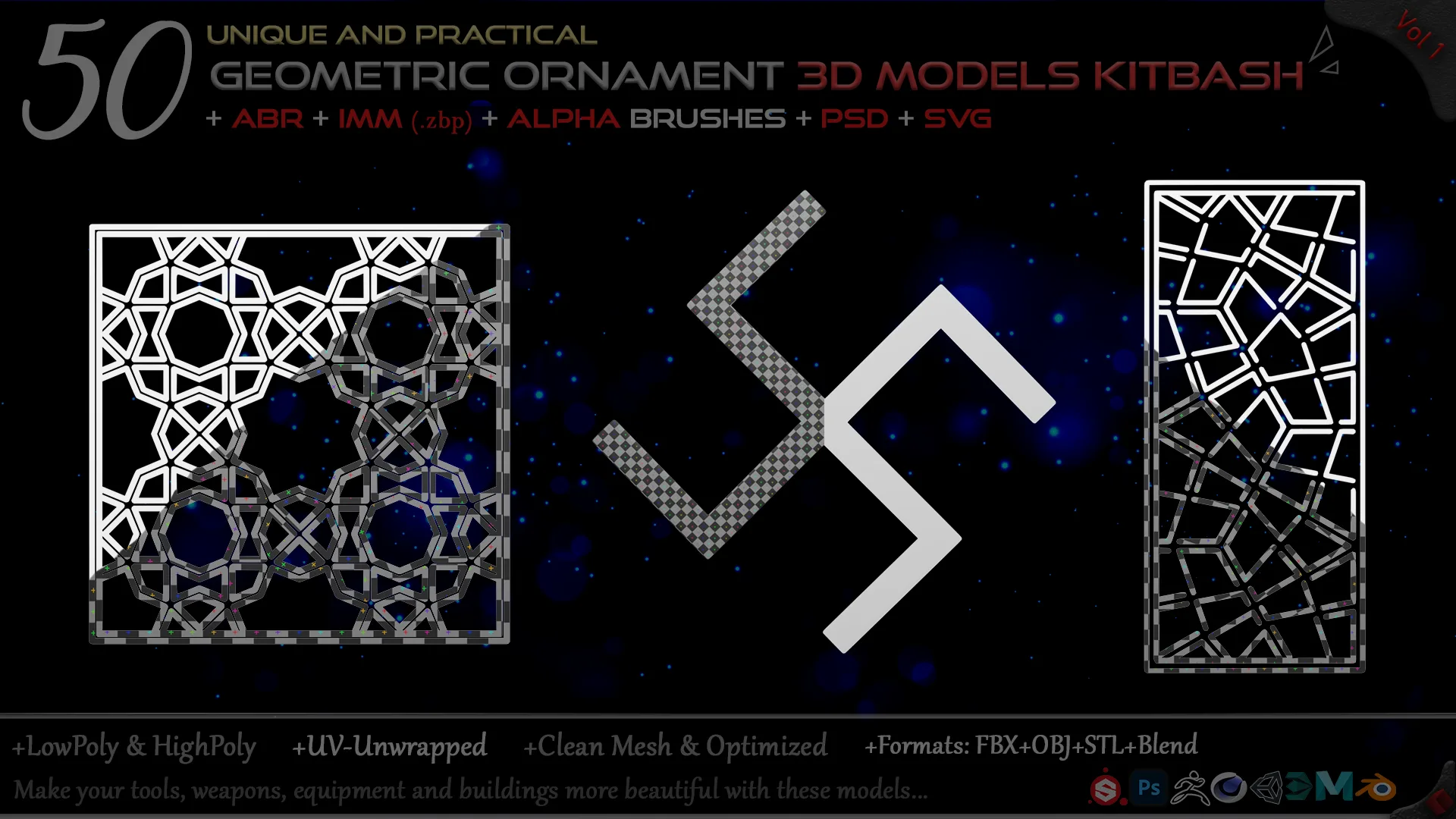 50 Unique and Practical Geometric Ornament 3D Models Kitbash +ABR+IMM+Alpha+Psd+SVG