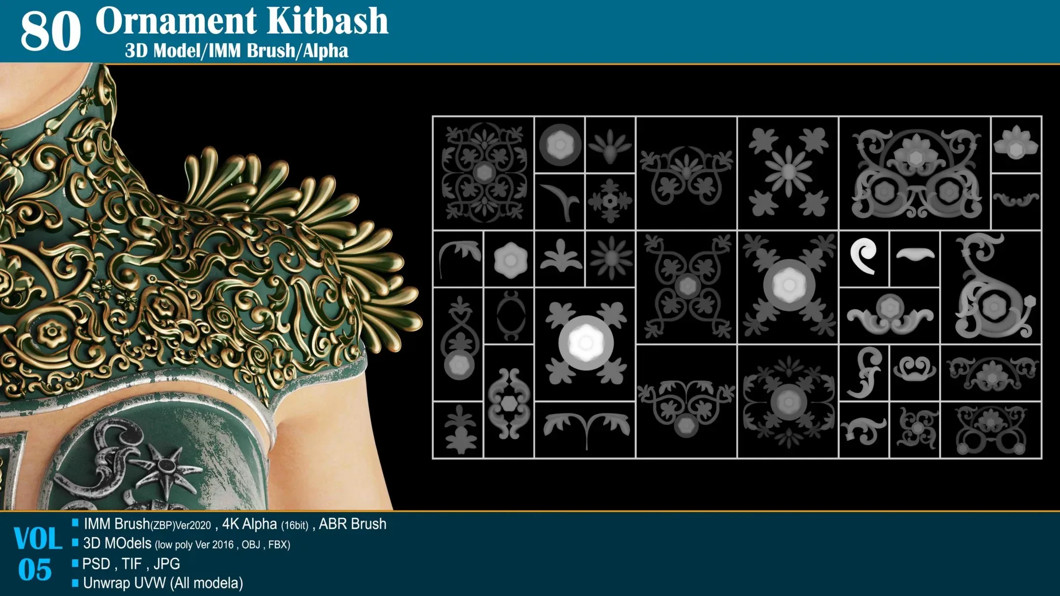 80 Sahra Ornament Kitbash 3D Model/IMM Brush/Alpha VOL05