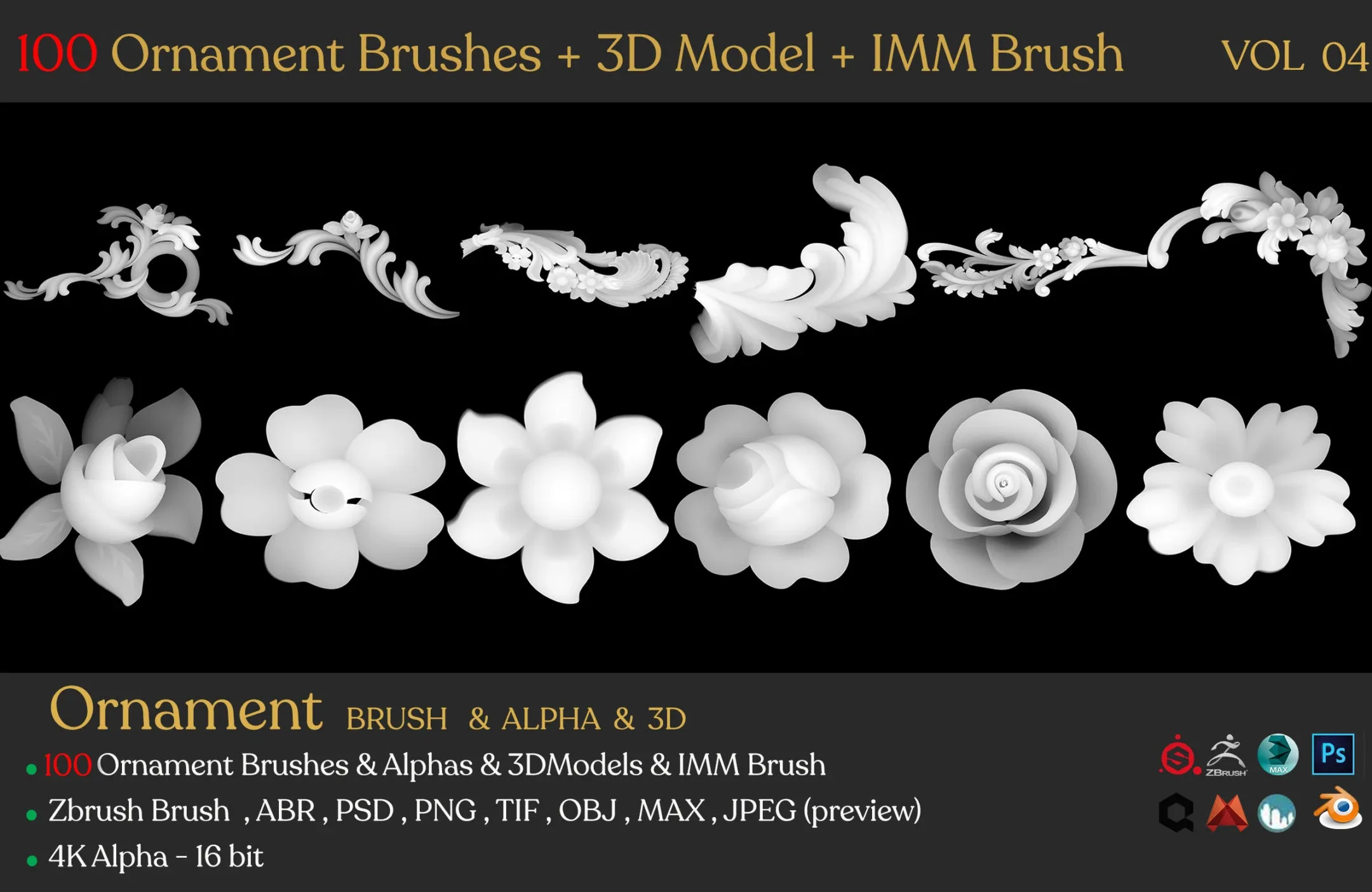 100 Ornament Brushes 3D Model IMM Brush Vol 04