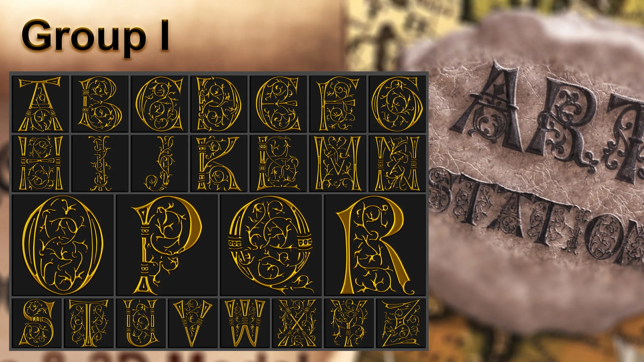 Ornamental Alphabet Brush + Alpha + 3D model vol 7 .