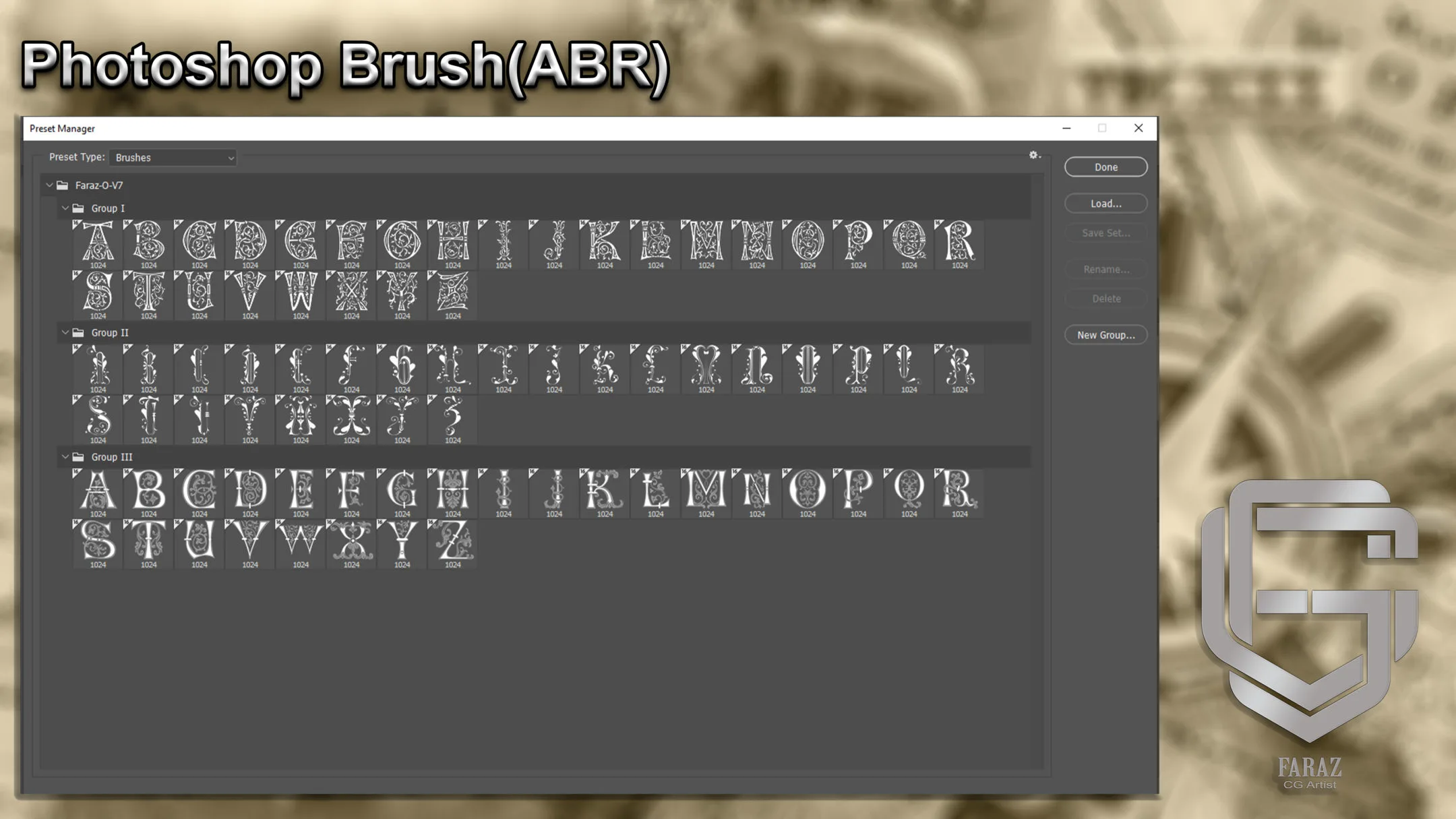 Ornamental Alphabet Brush + Alpha + 3D model vol 7 .