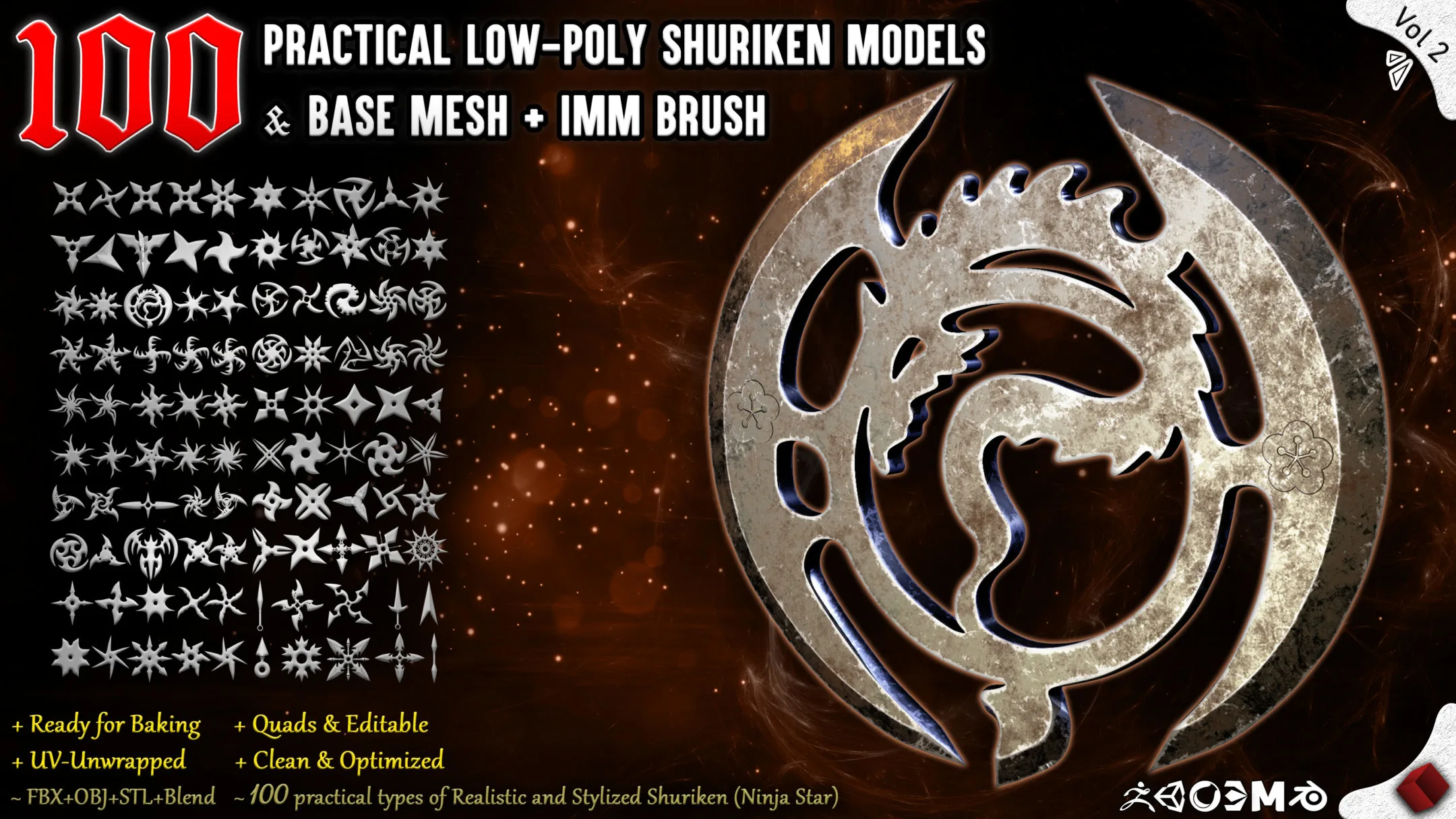 100 Practical low-Poly Shuriken 3d Models &amp; Base mesh + IMM Brush - Vol 2