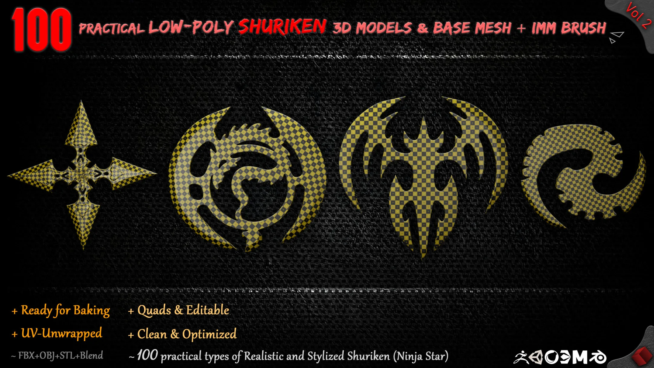 100 Practical low-Poly Shuriken 3d Models &amp; Base mesh + IMM Brush - Vol 2