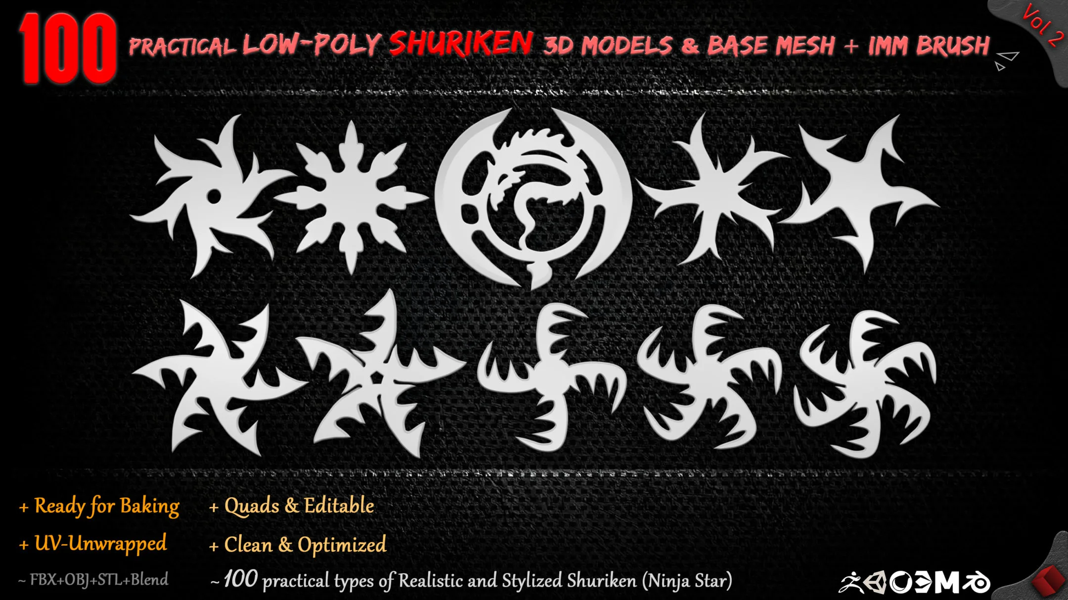 100 Practical low-Poly Shuriken 3d Models &amp; Base mesh + IMM Brush - Vol 2