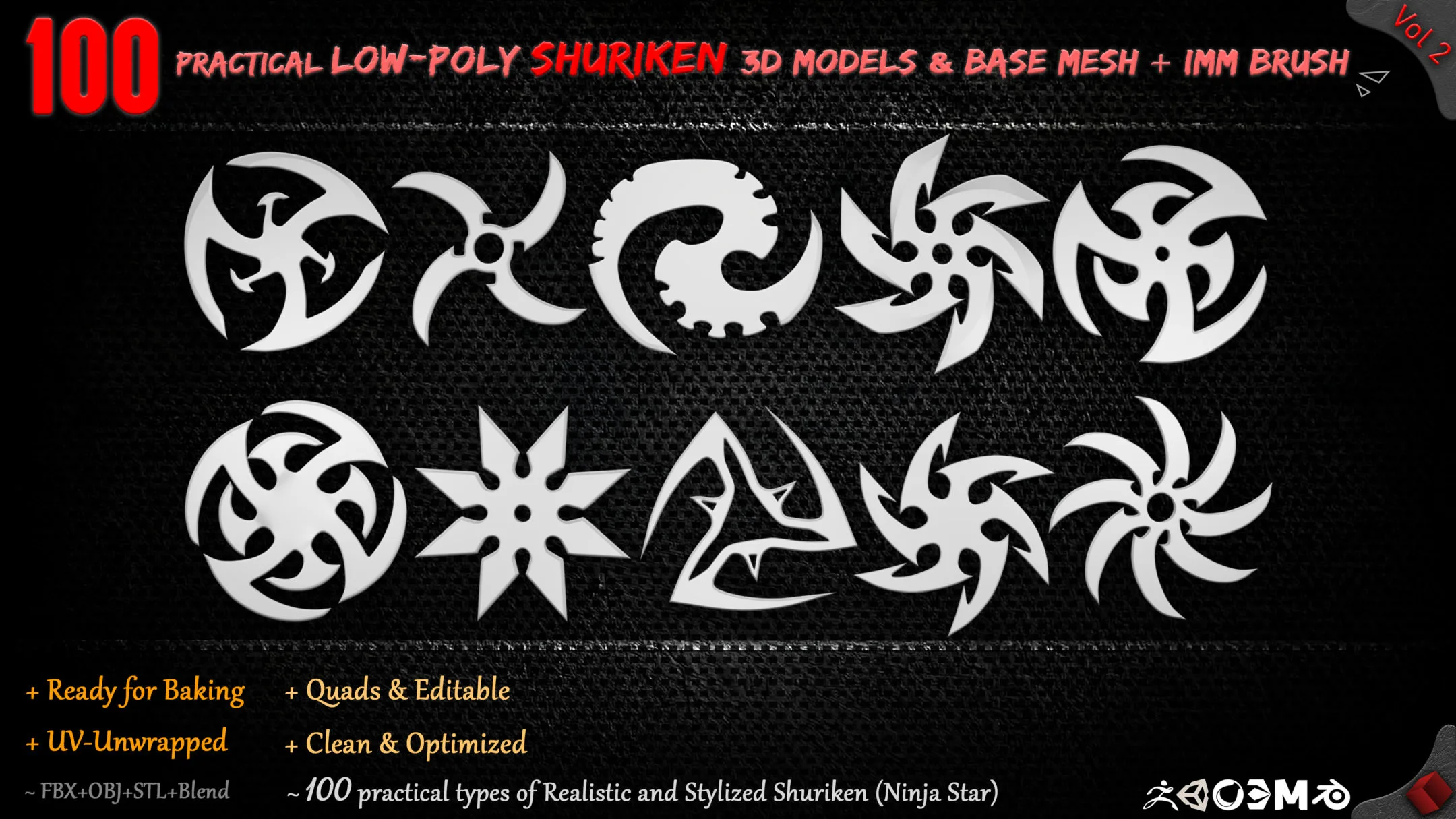 100 Practical low-Poly Shuriken 3d Models &amp; Base mesh + IMM Brush - Vol 2