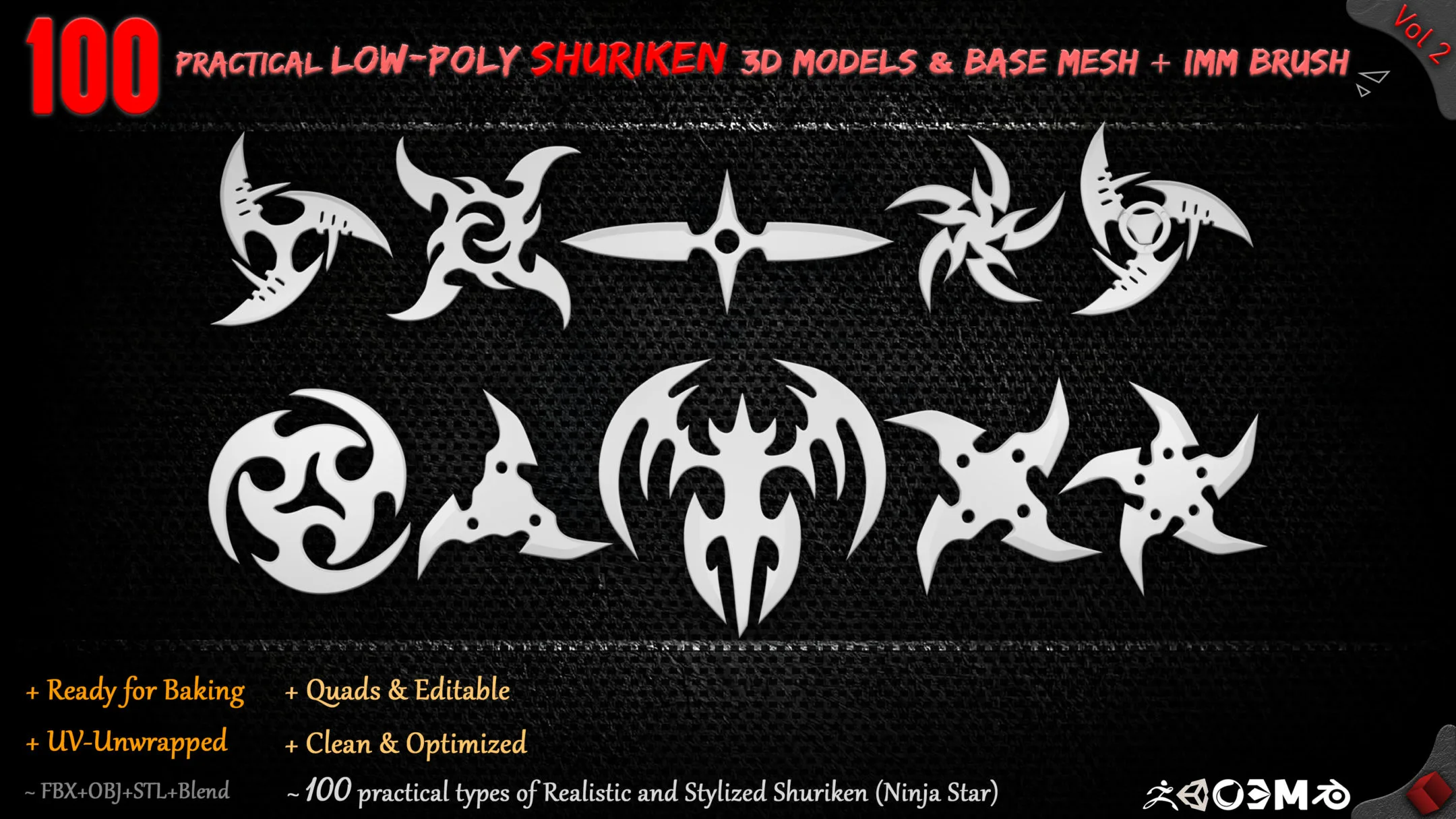 100 Practical low-Poly Shuriken 3d Models &amp; Base mesh + IMM Brush - Vol 2