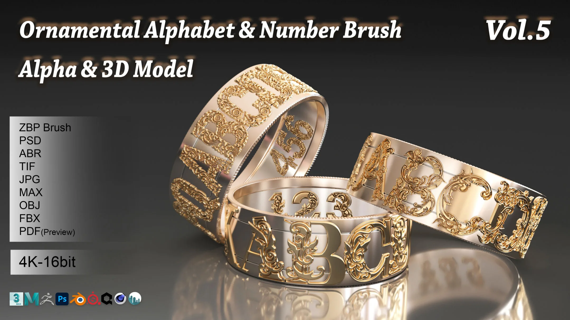 108 Ornamental Alphabet & Number Brush + Alphas + 3D model vol