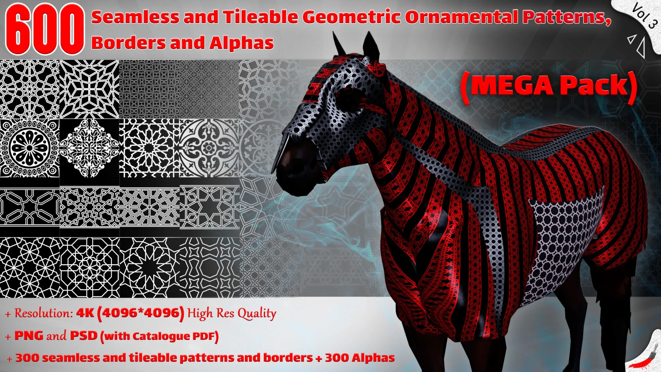 600 Seamless and Tileable Geometric Ornamental Patterns, Borders and Alphas - Vol 3