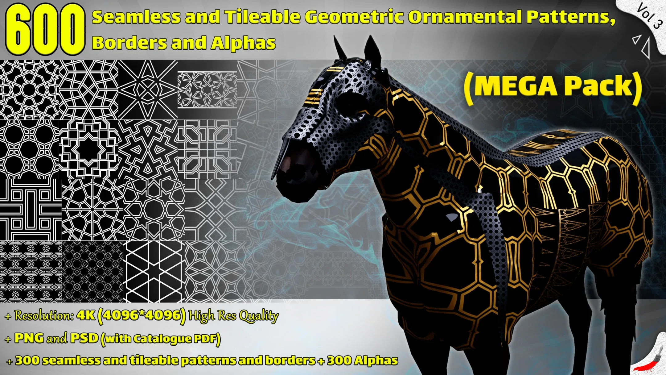 600 Seamless and Tileable Geometric Ornamental Patterns, Borders and Alphas - Vol 3