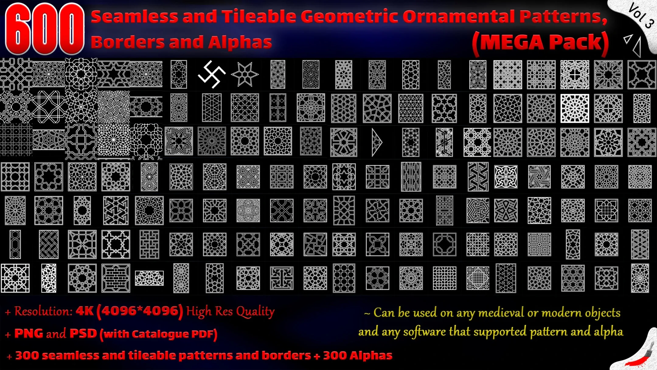 600 Seamless and Tileable Geometric Ornamental Patterns, Borders and Alphas - Vol 3