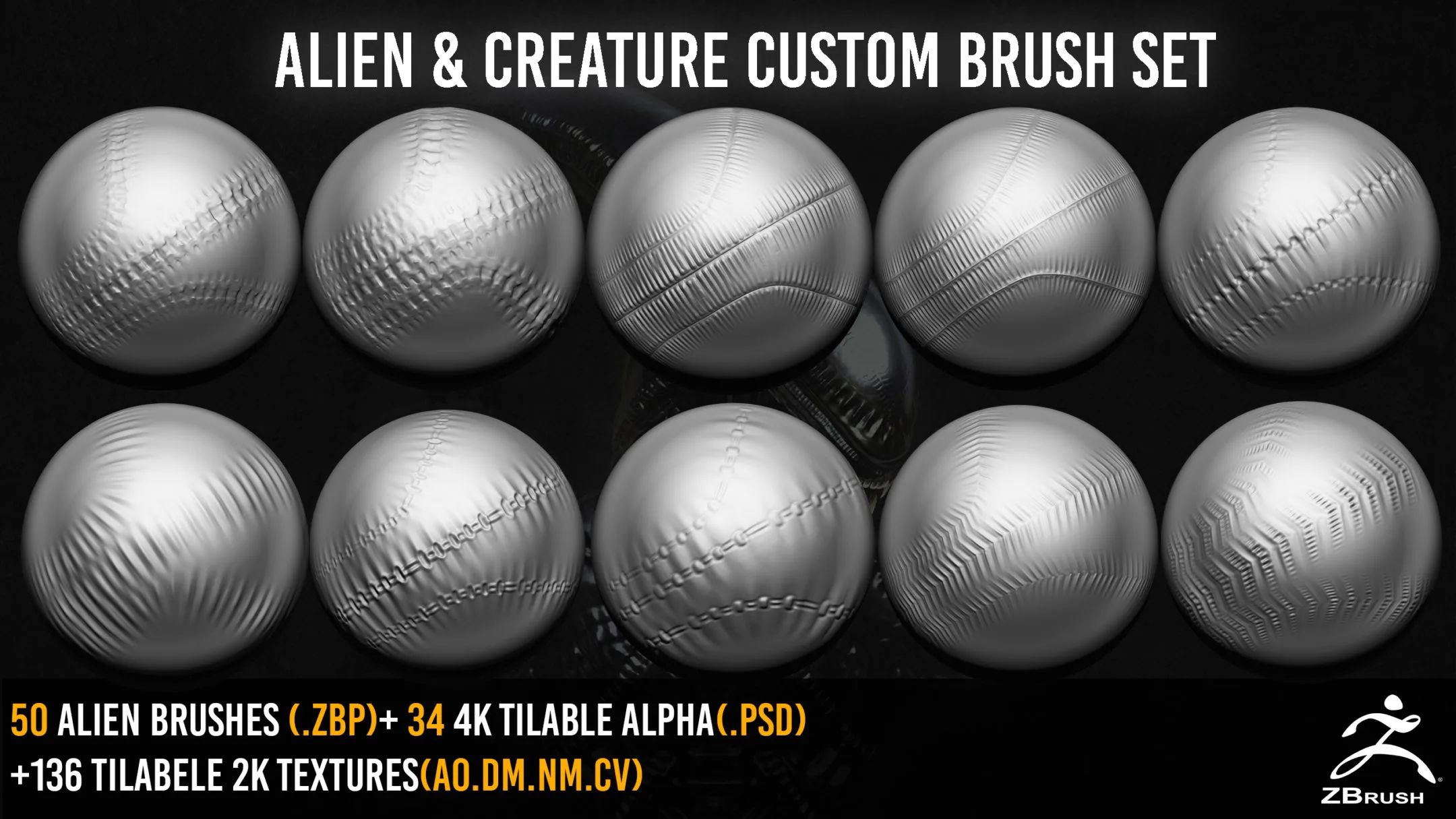 50 ZBrush Alien And Creature Custom Brush Set + 136 Textures 2K + 4K Alpha - VOL 2