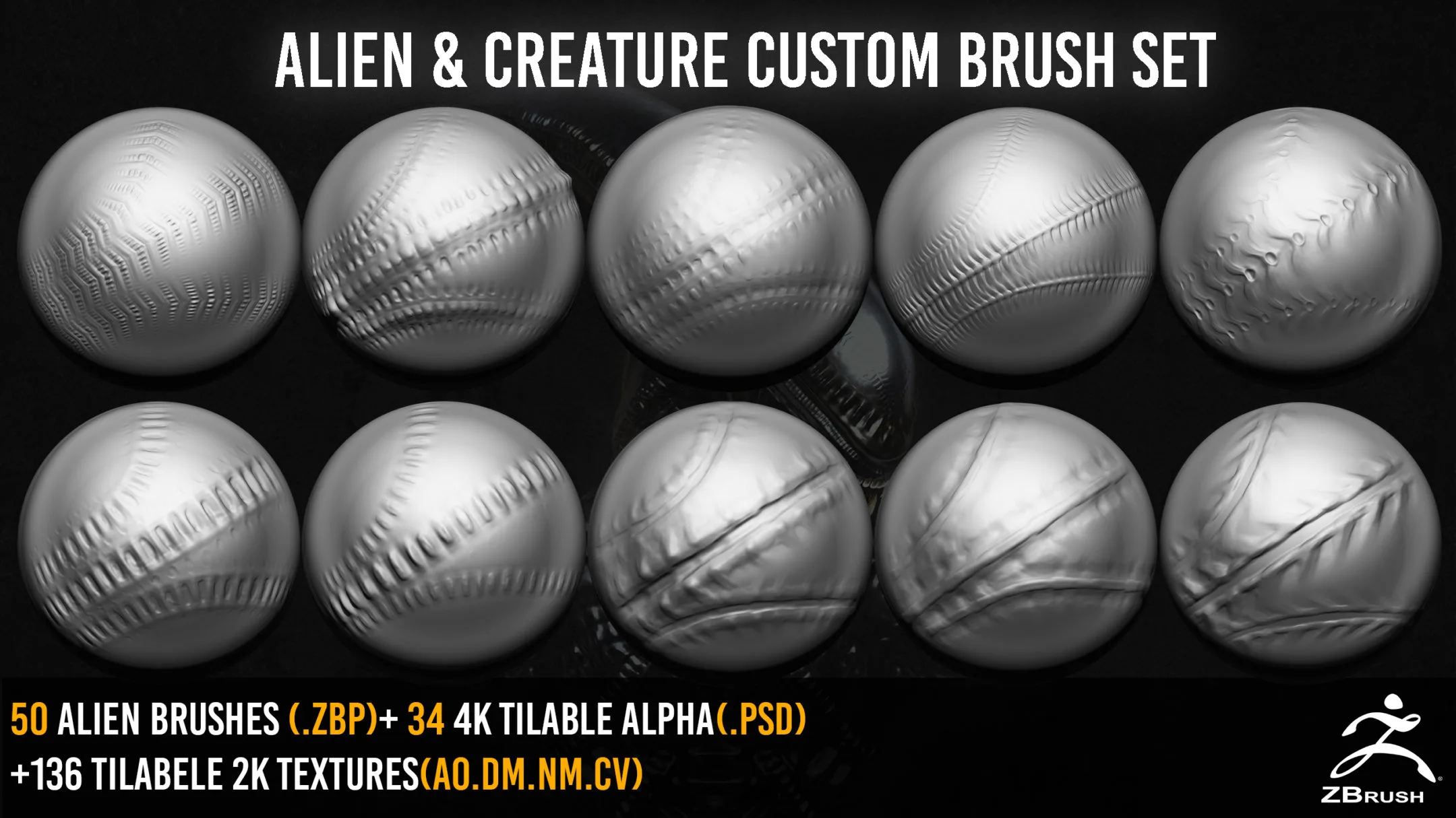 50 ZBrush Alien And Creature Custom Brush Set + 136 Textures 2K + 4K Alpha - VOL 2