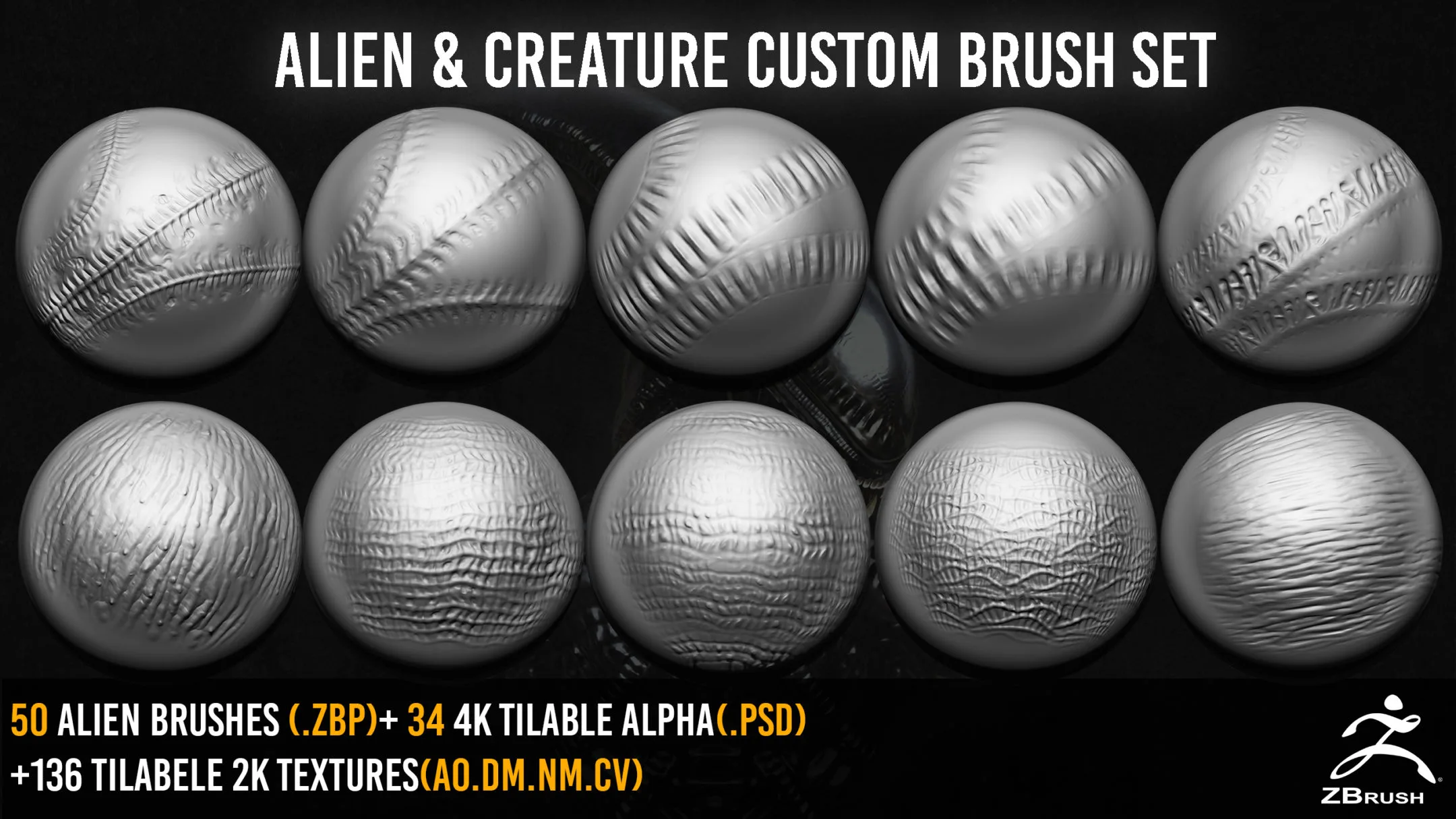 50 ZBrush Alien And Creature Custom Brush Set + 136 Textures 2K + 4K Alpha - VOL 2