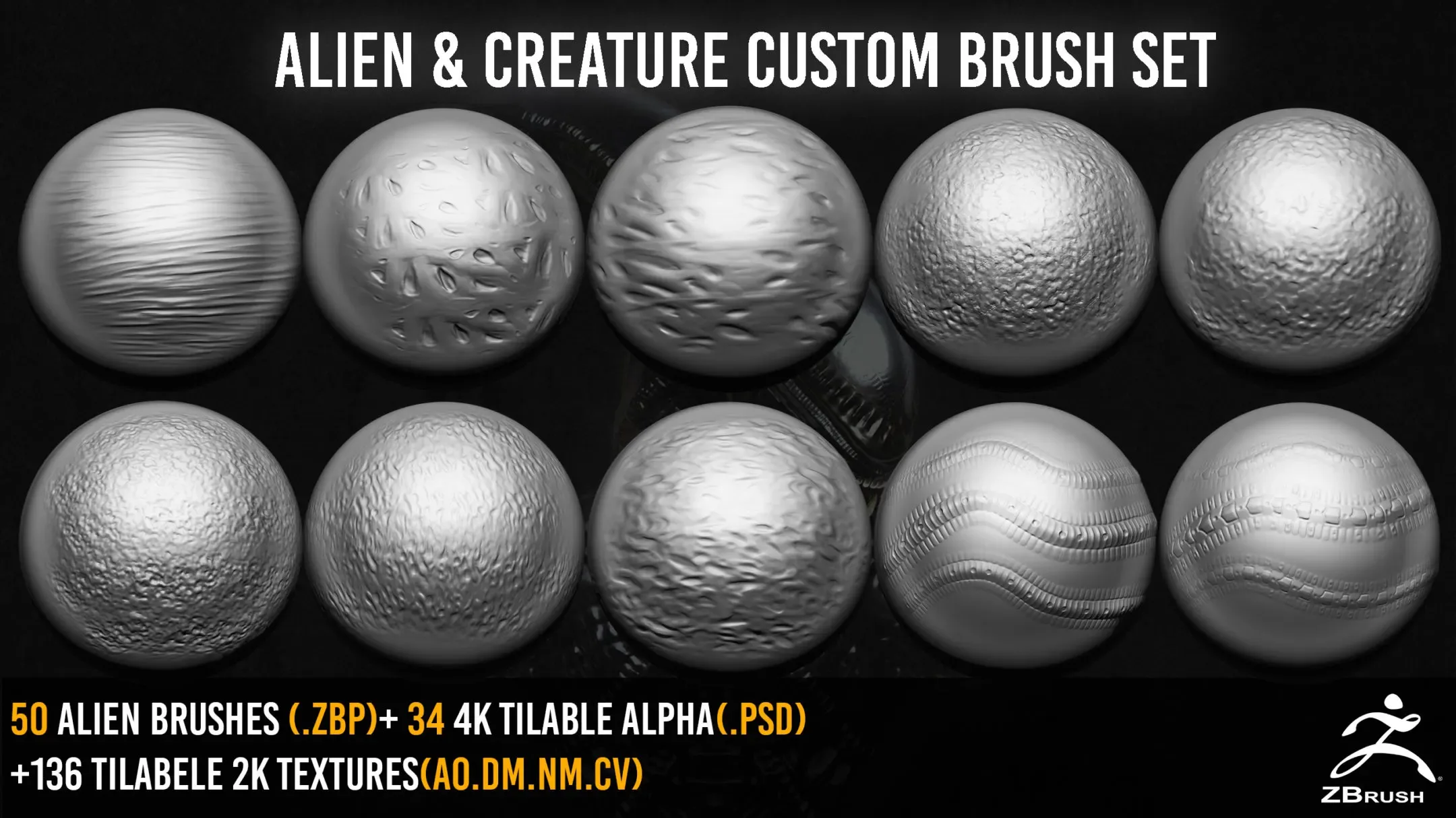 50 ZBrush Alien And Creature Custom Brush Set + 136 Textures 2K + 4K Alpha - VOL 2