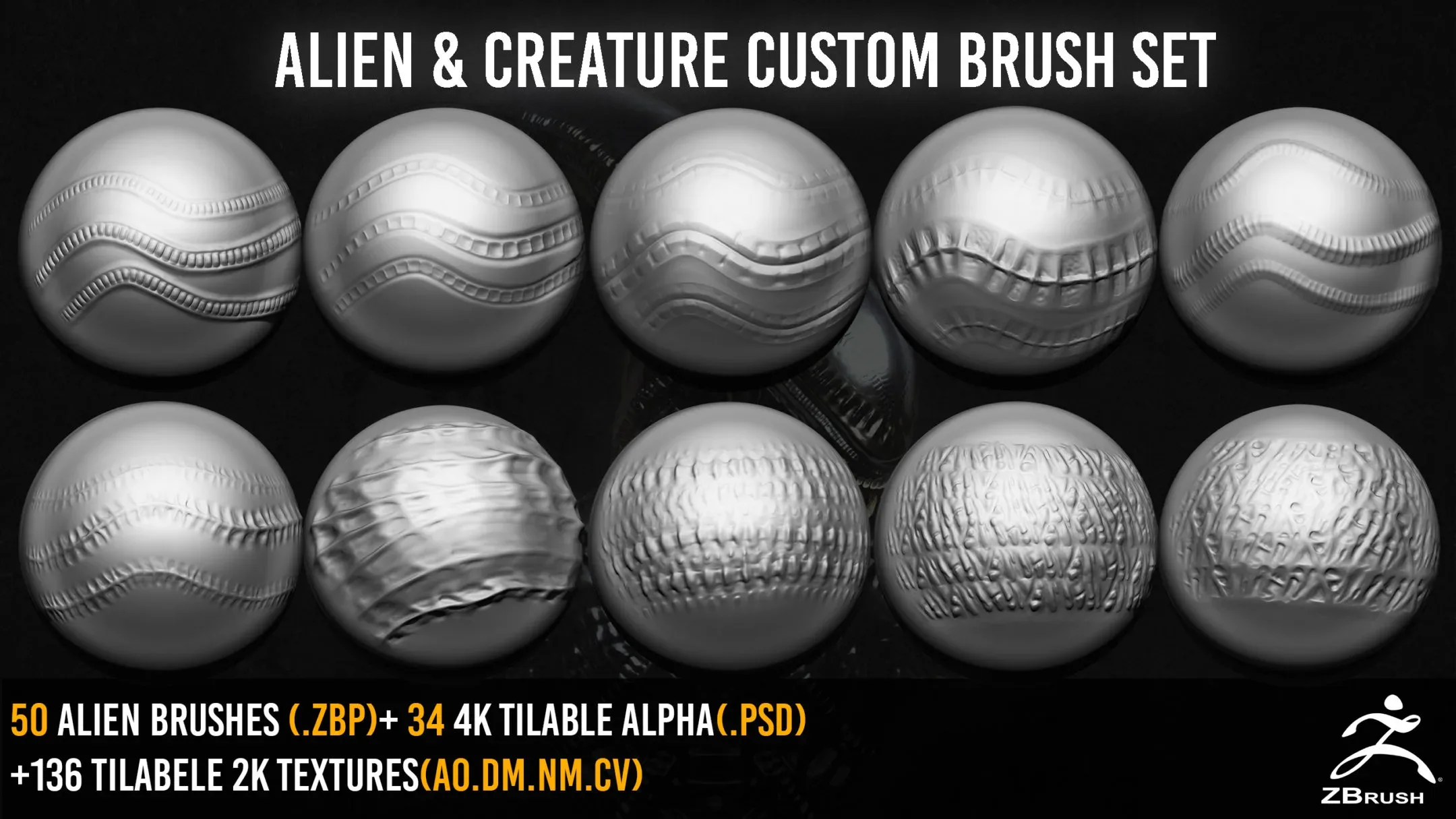 50 ZBrush Alien And Creature Custom Brush Set + 136 Textures 2K + 4K Alpha - VOL 2