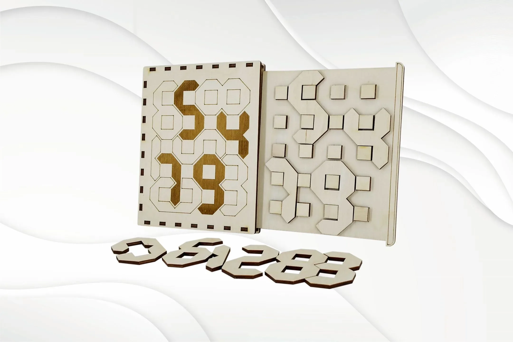 Puzzles number pocket game design for laser cut. Logic game vector pattern, laser svg, laser dxf. Board game laser cutting file, laser plane