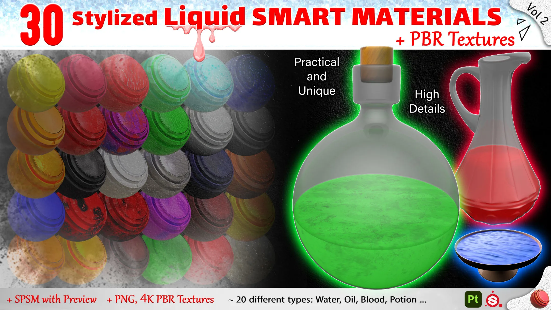 30 Stylized Liquid Smart Materials + PBR Textures (Practical &amp; Unique) - Vol 2