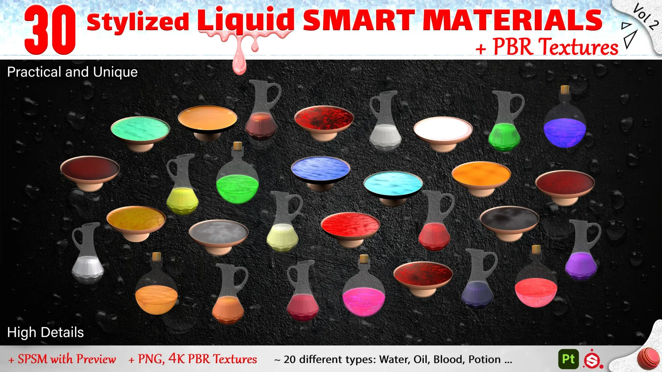 30 Stylized Liquid Smart Materials + PBR Textures (Practical &amp; Unique) - Vol 2