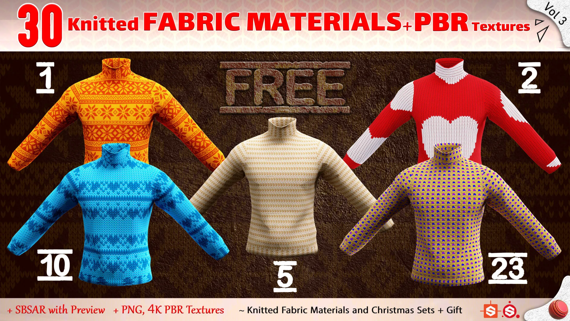 5 Free Knitted Fabric Materials + PBR Textures (Part of Vol 3)